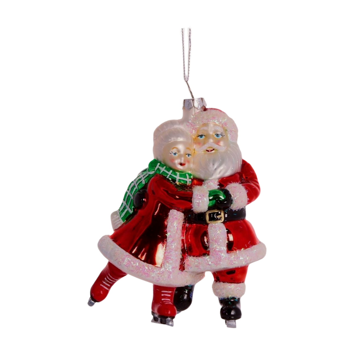 Glass decoration of Santa and Mrs Claus ice skating together, wearing red coats with white trim and a green scarf