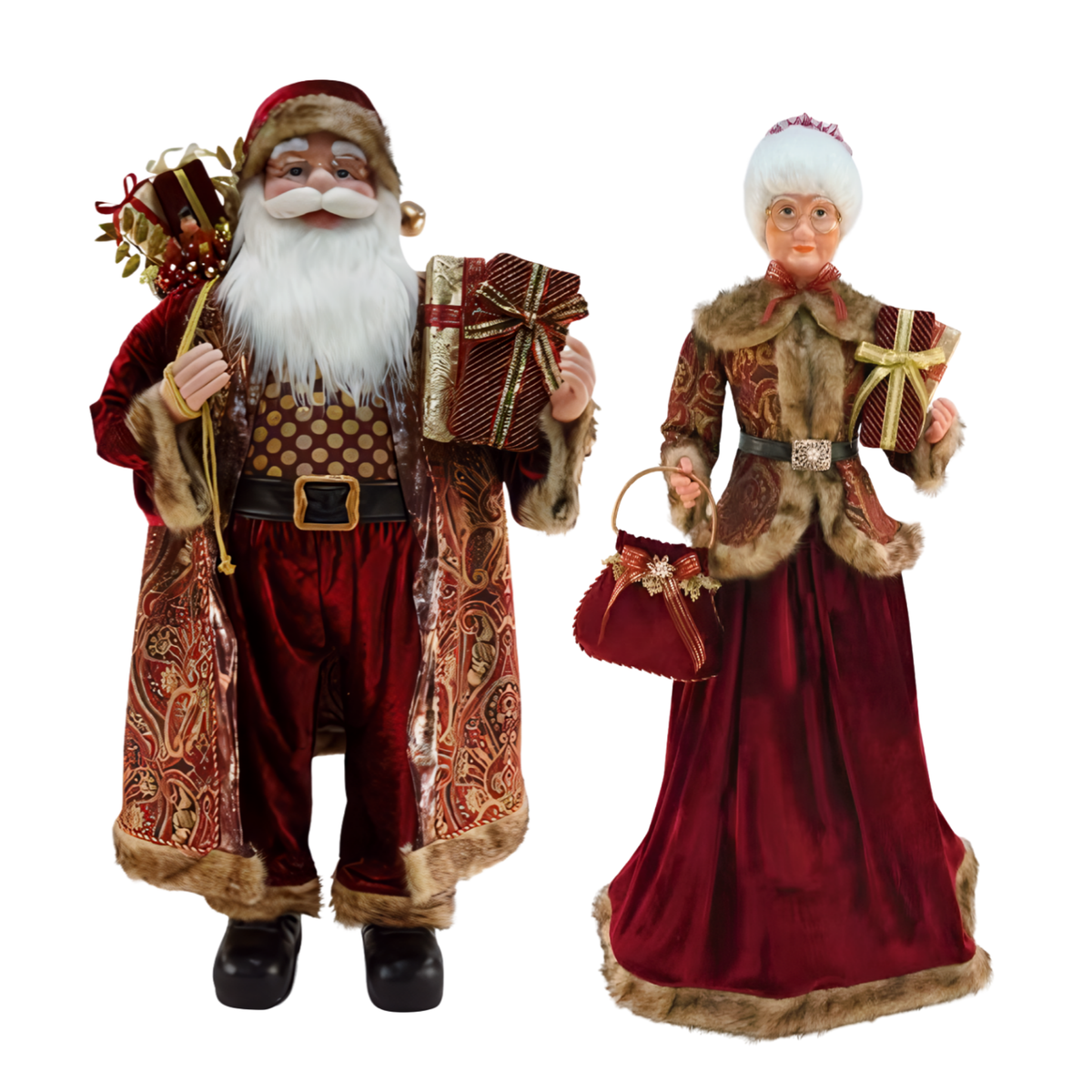 Luxury standing Santa and Mrs Claus figure set in coordinating burgundy and gold outfits with faux fur trim
