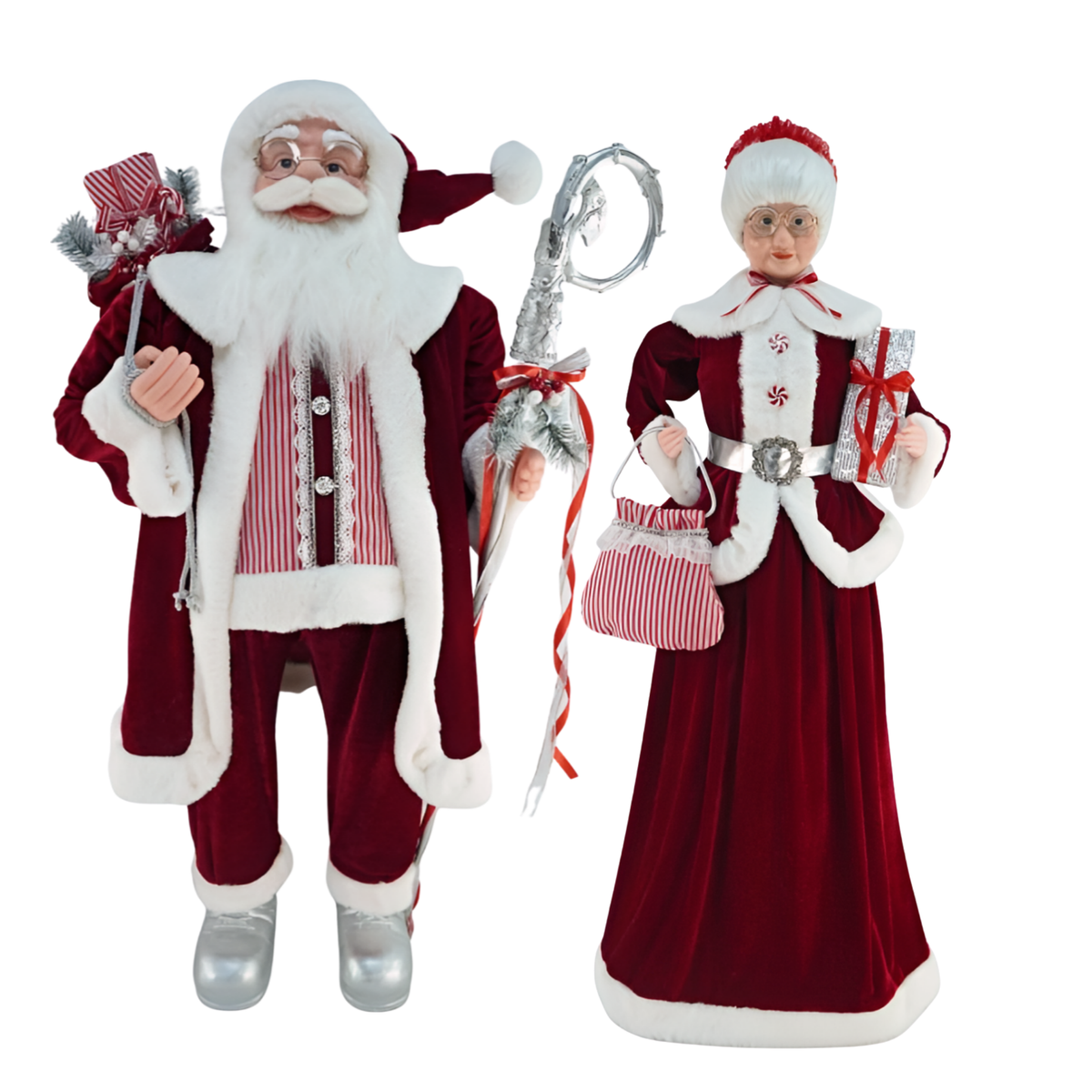 Standing Santa and Mrs Claus figure set in red and silver coordinating outfits with faux fur trim and candy cane details