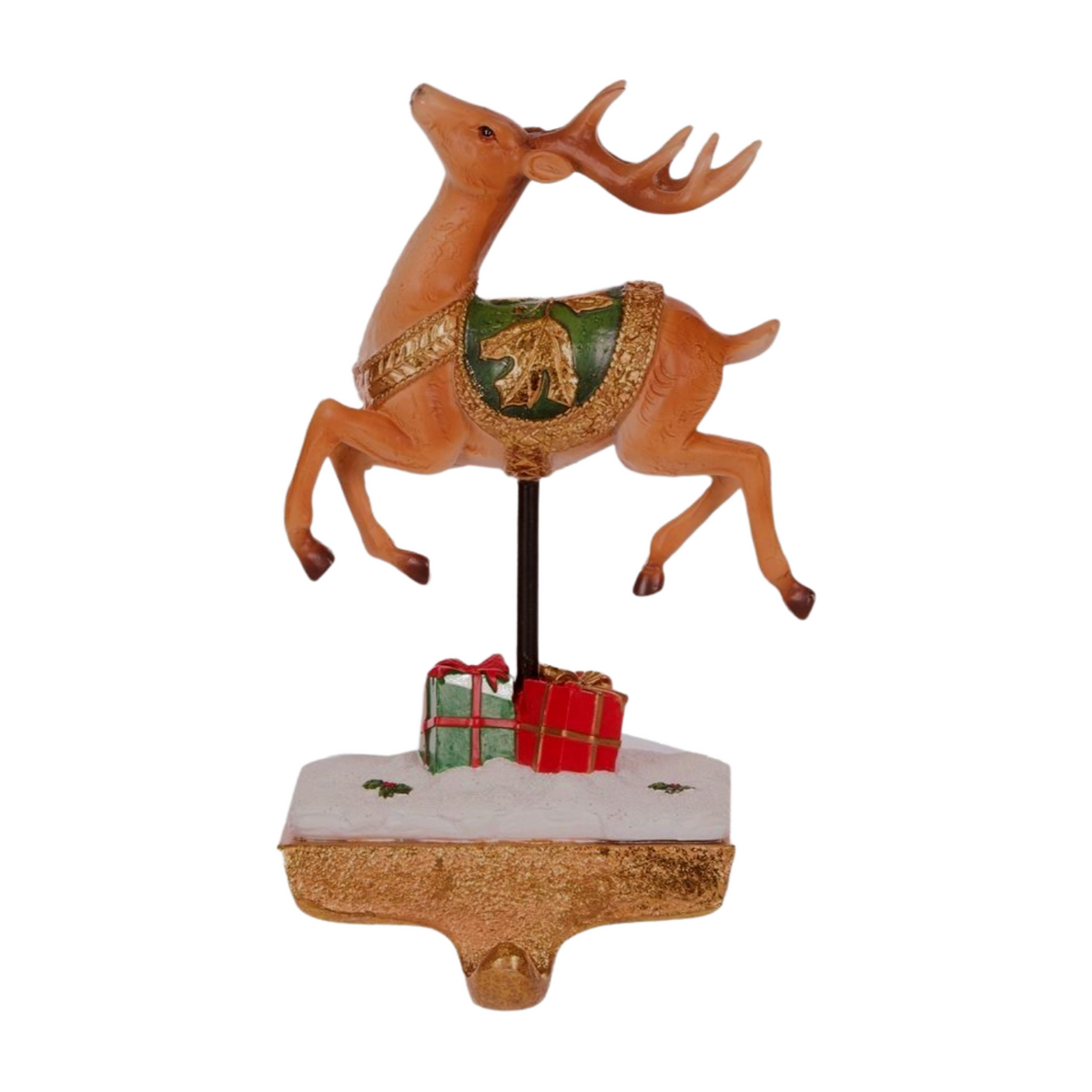 Head up - set of four stocking hangers featuring Santa in a golden sleigh and three reindeer with green saddles and red gift boxes