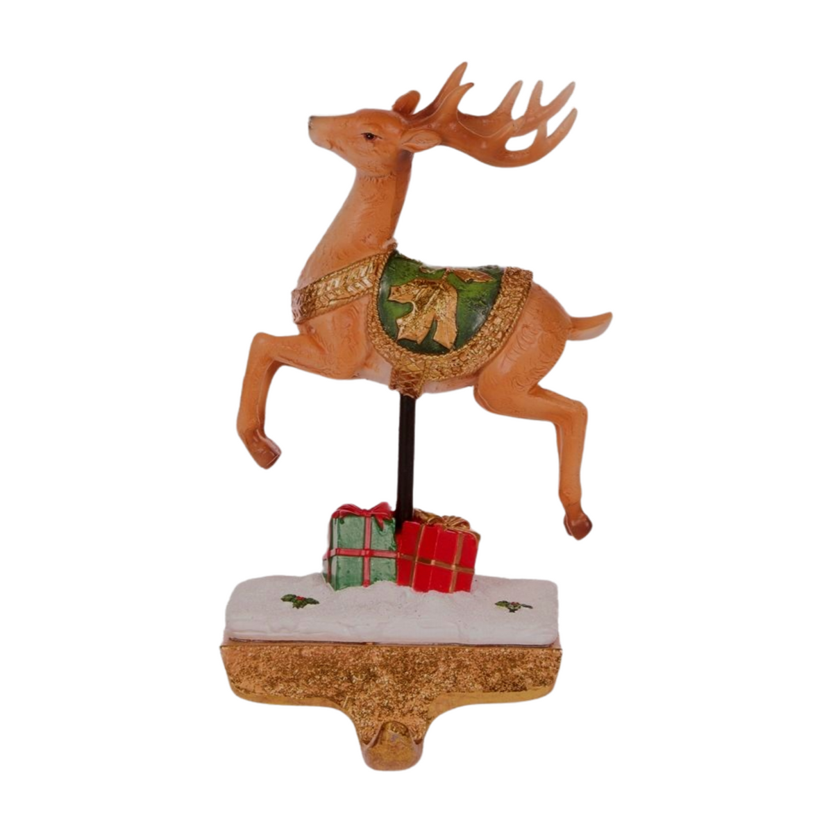 Looking up - set of four stocking hangers featuring Santa in a golden sleigh and three reindeer with green saddles and red gift boxes