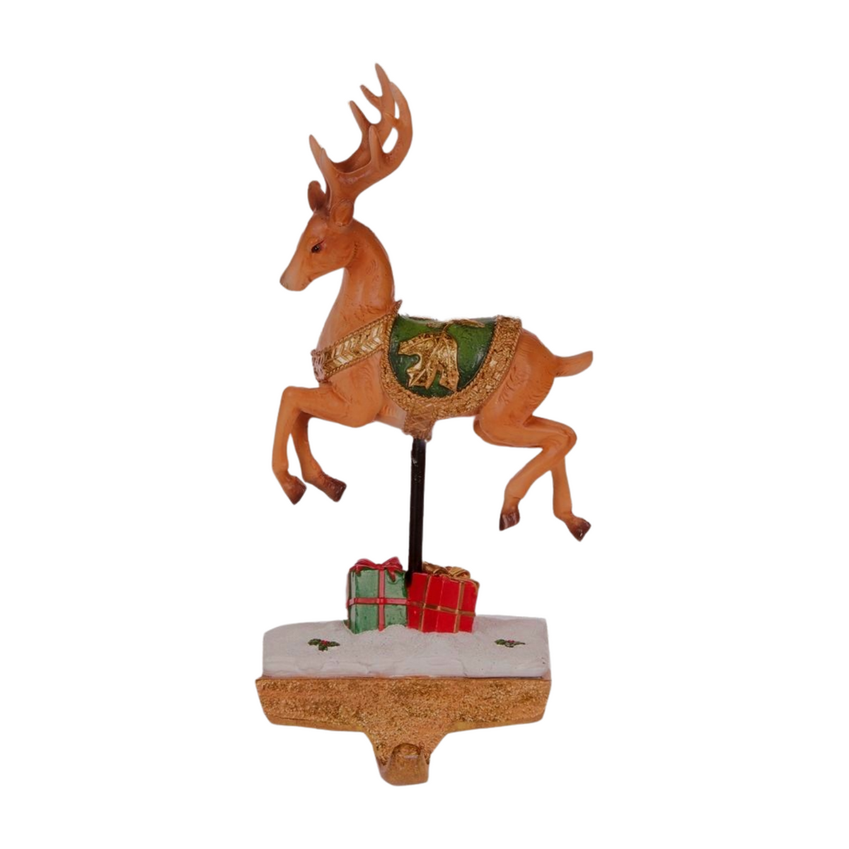 Head down - set of four stocking hangers featuring Santa in a golden sleigh and three reindeer with green saddles and red gift boxes