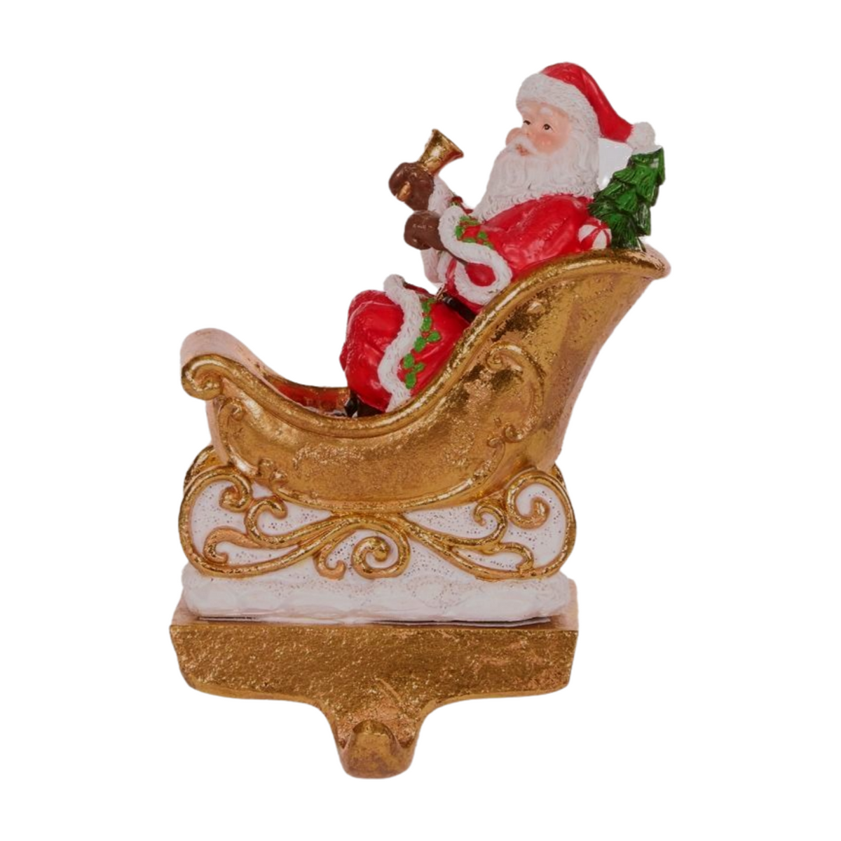 Santa - set of four stocking hangers featuring Santa in a golden sleigh and three reindeer with green saddles and red gift boxes