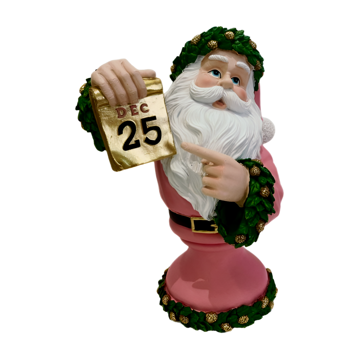 Front view santa bust figurine in a pink suit with green holly trim holding a golden calendar showing Dec 25 and pointing to the date