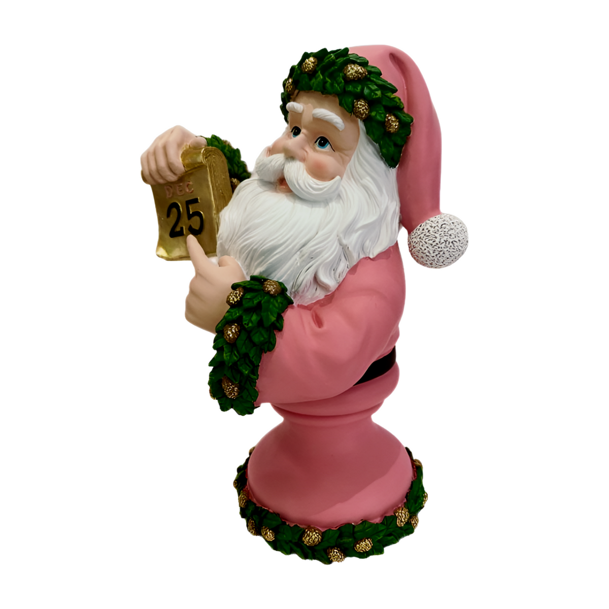 Side view santa bust figurine in a pink suit with green holly trim holding a golden calendar showing Dec 25 and pointing to the date