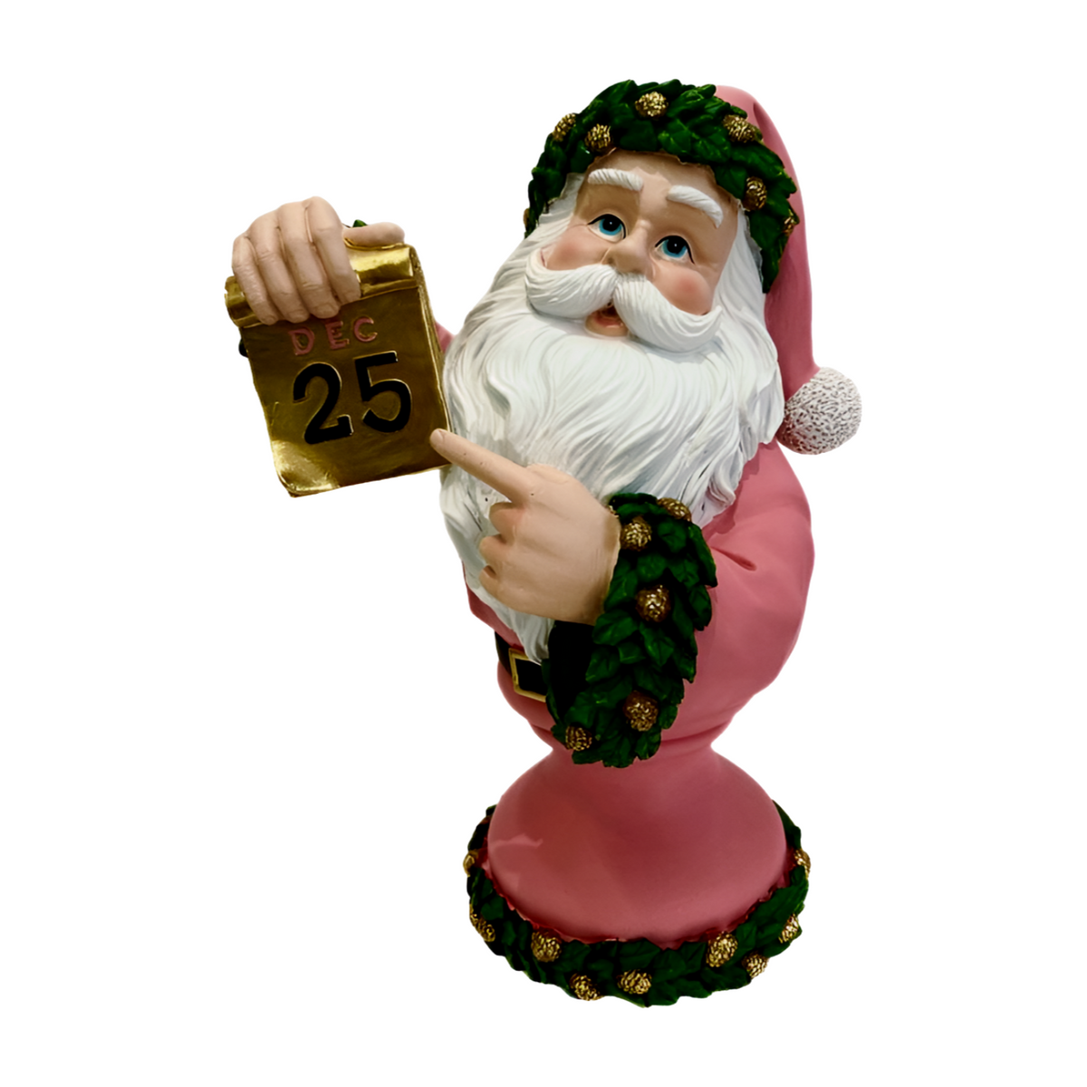 Santa bust figurine in a pink suit with green holly trim holding a golden calendar showing Dec 25 and pointing to the date