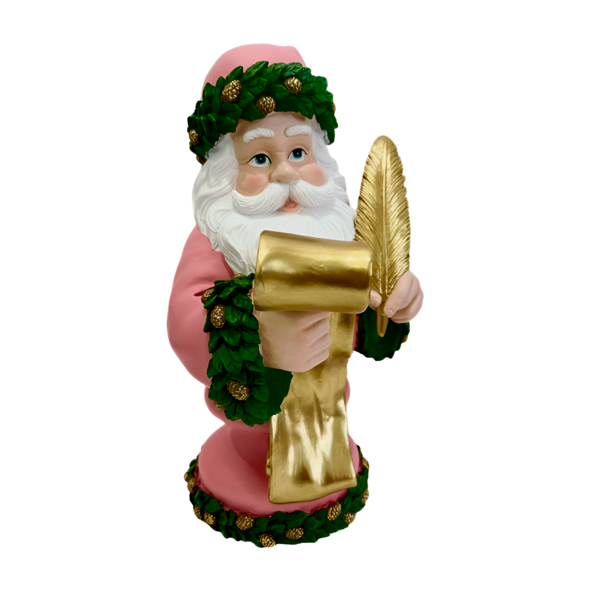 Side view santa bust figurine in a pink suit with green holly trim holding a gold feather quill