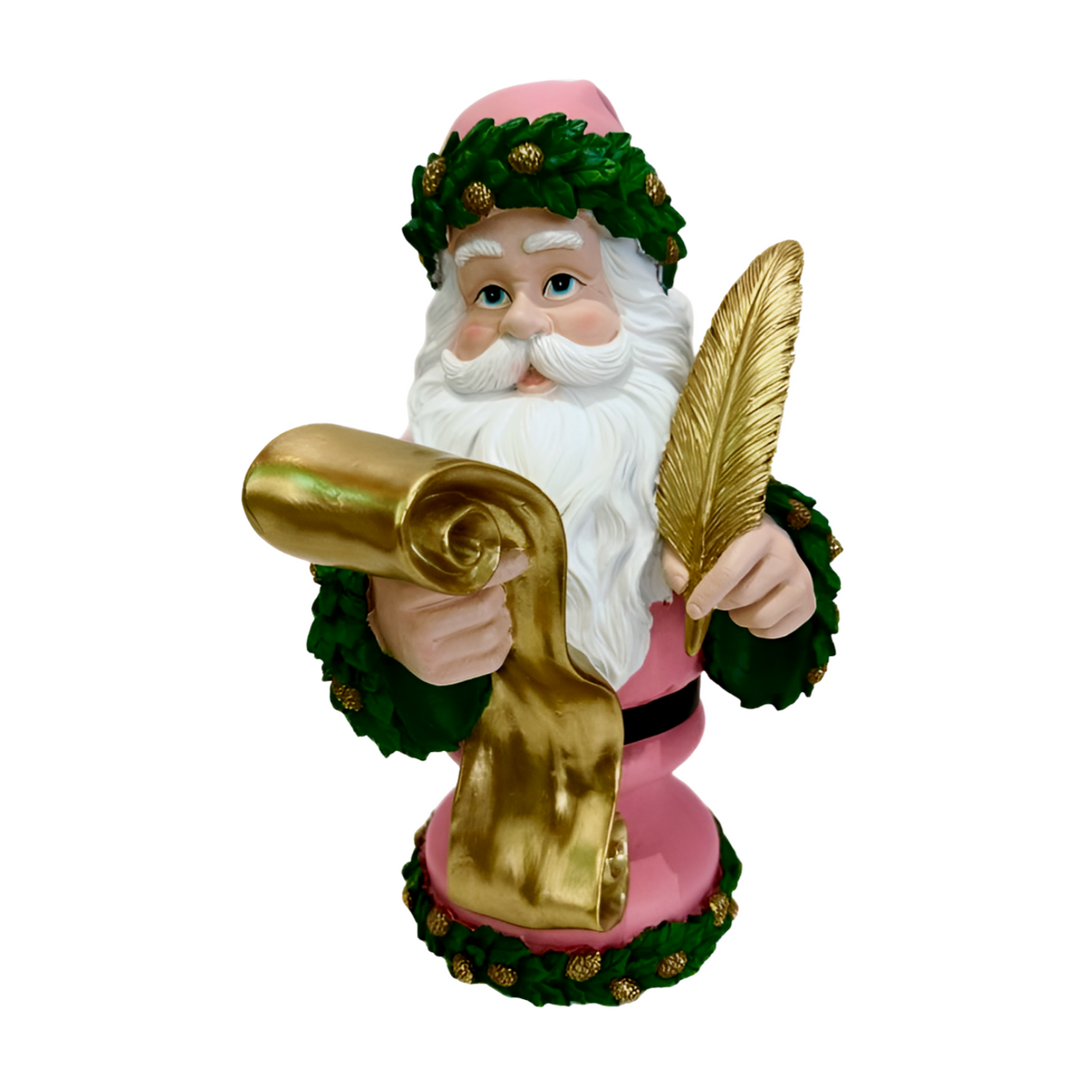 Santa bust figurine in a pink suit with green holly trim holding a gold feather quill