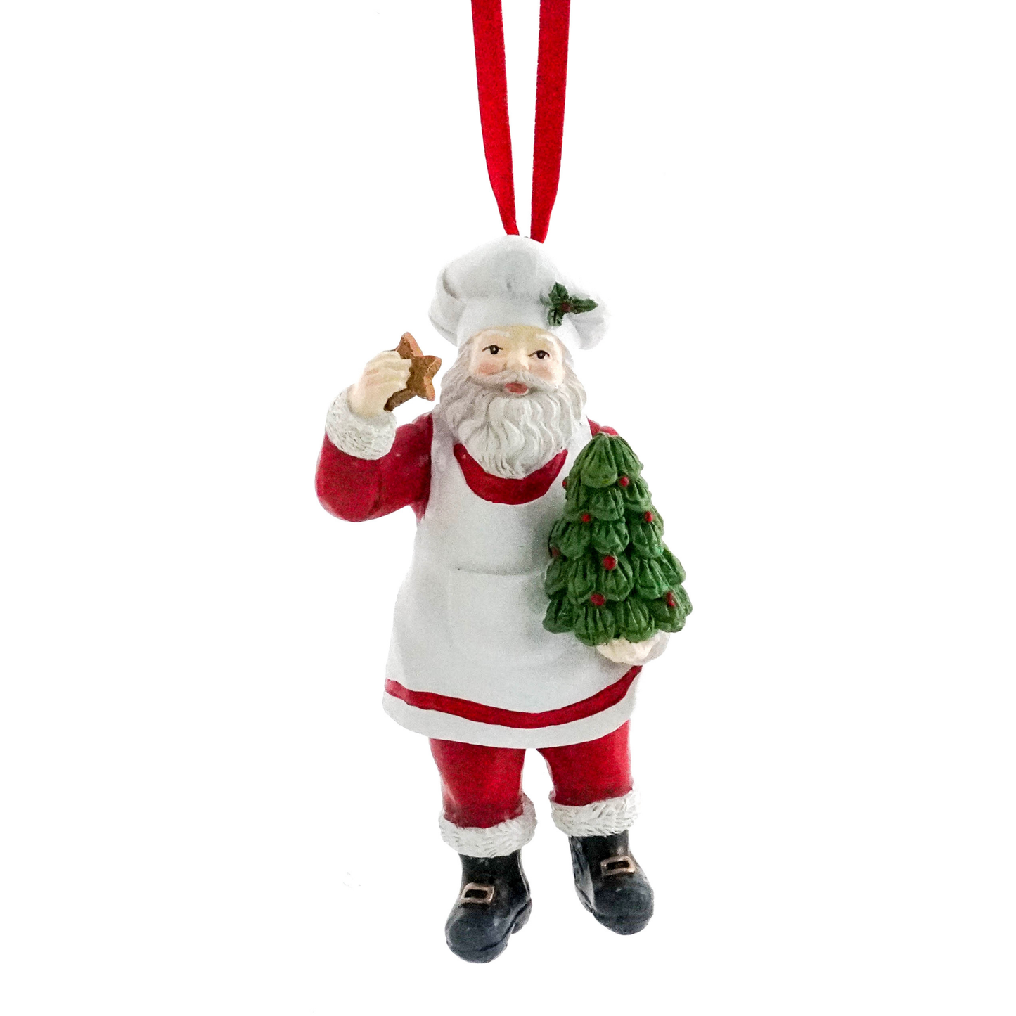 Santa chef tree decoration holding a star cookie and a small Christmas tree, wearing a white apron and chef's hat