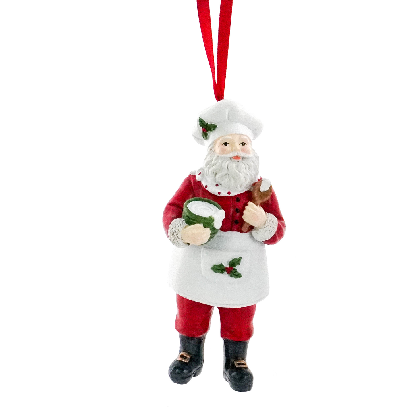 Santa chef tree decoration wearing a white apron and chef's hat, holding a mixing bowl and wooden spoon