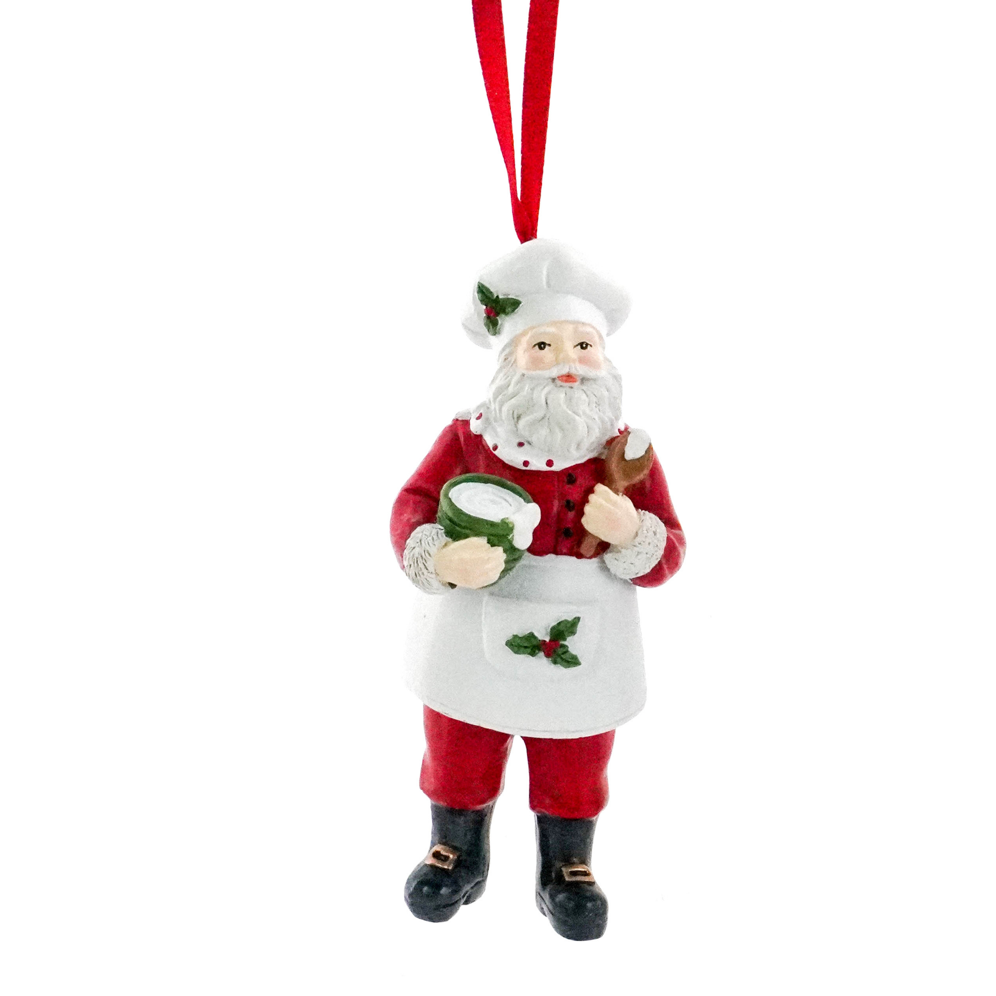 Santa chef tree decoration wearing a white apron and chef's hat, holding a mixing bowl and wooden spoon