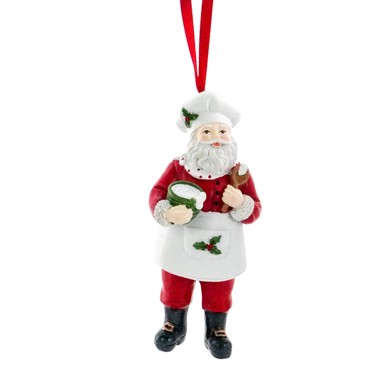 Santa chef tree decoration wearing a white apron and chef's hat, holding a mixing bowl and wooden spoon
