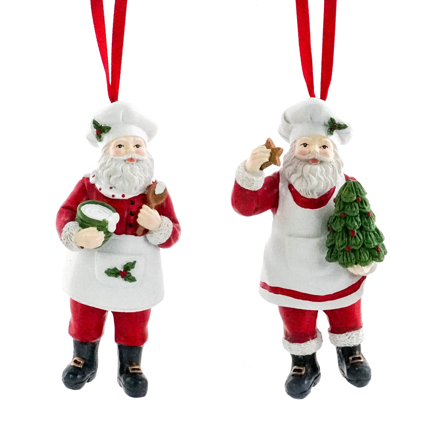 Two Santa chef tree decorations — one with a mixing bowl and one holding a star cookie and small Christmas tree