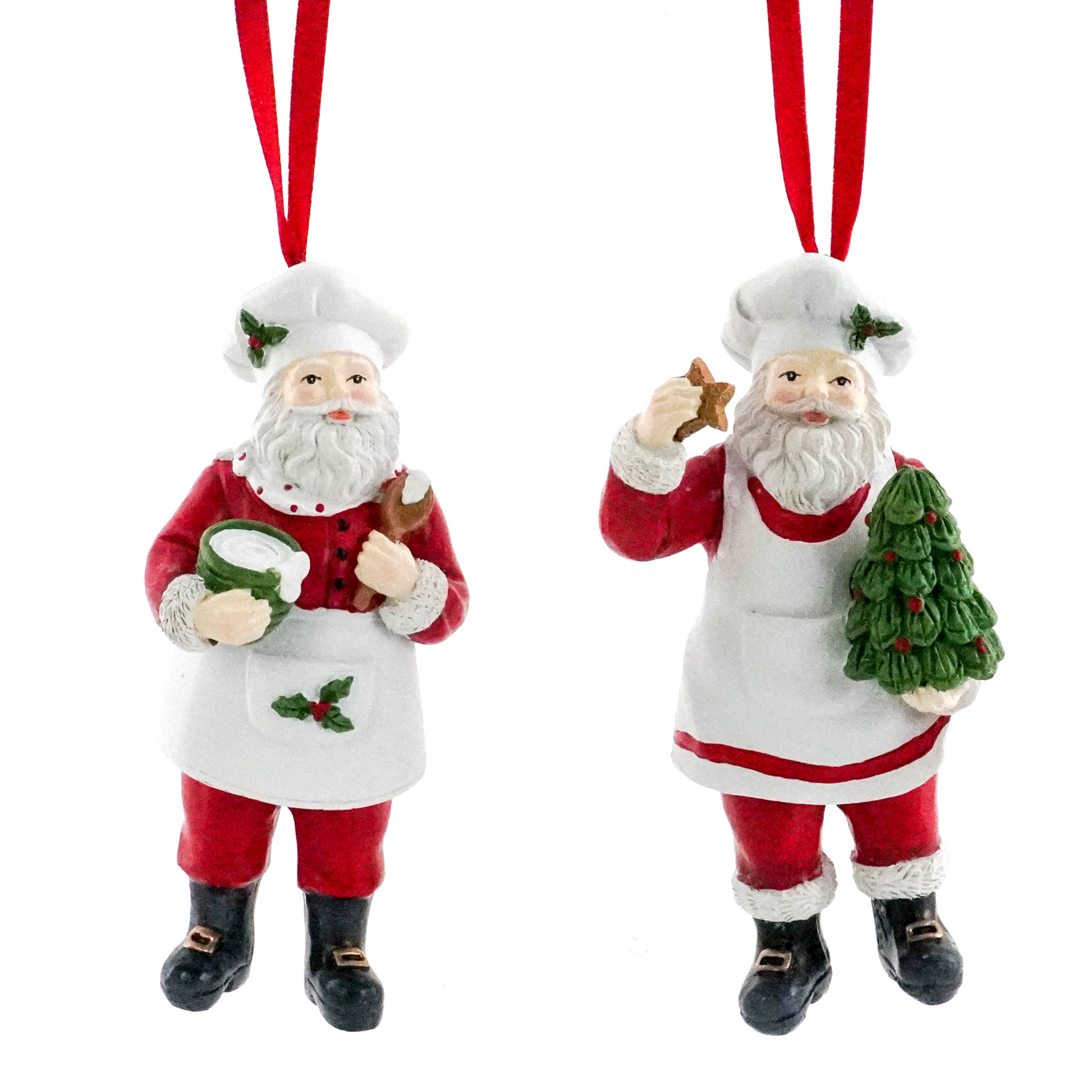 Two Santa chef tree decorations — one with a mixing bowl and one holding a star cookie and small Christmas tree