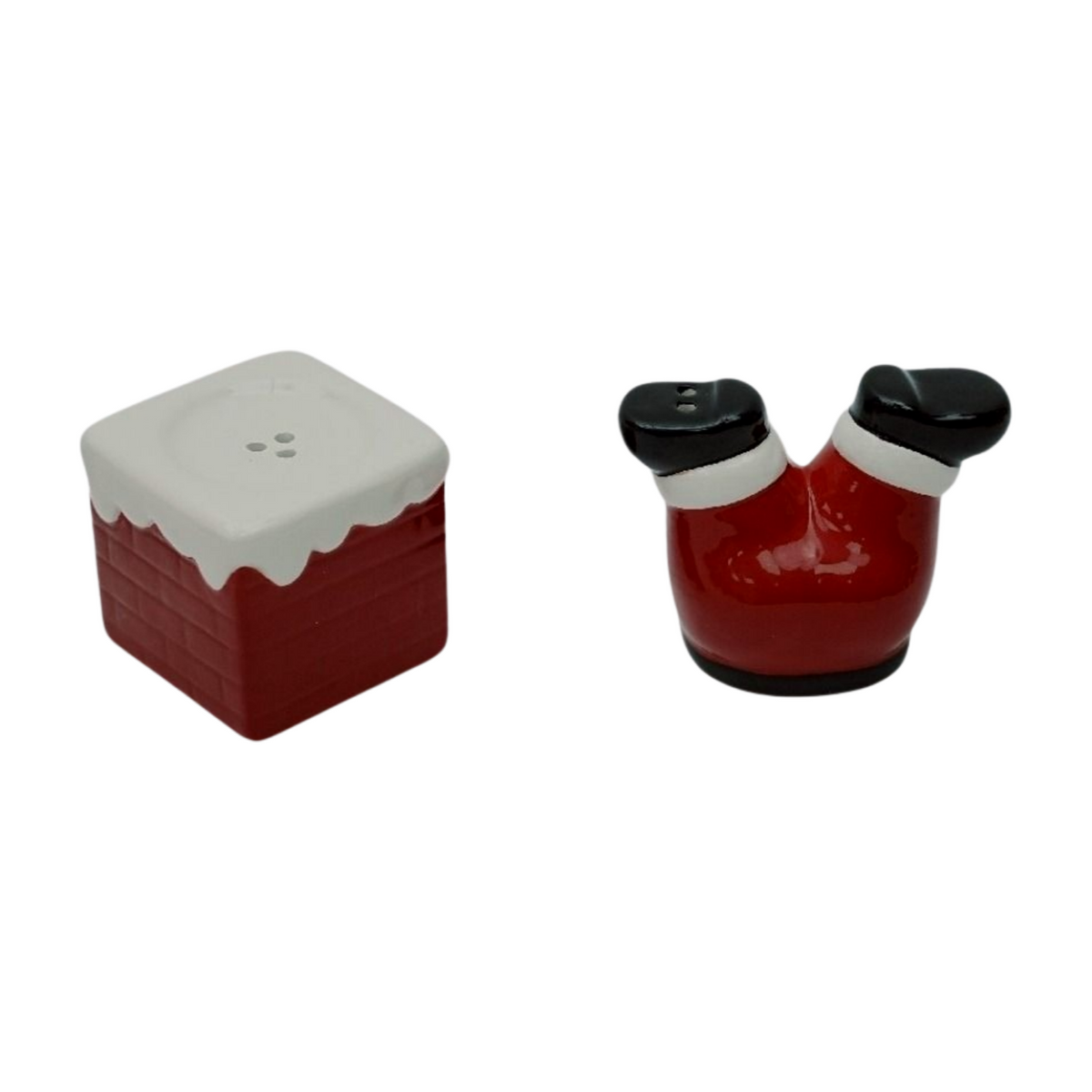 Christmas salt and pepper shaker set featuring a red chimney with snow and Santa’s legs sticking out