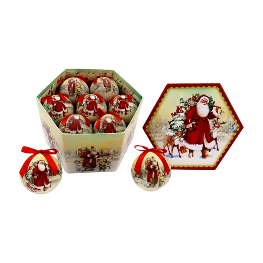 Santa-themed Christmas music box with matching baubles featuring Santa carrying gifts beside a reindeer, decorated with red ribbons