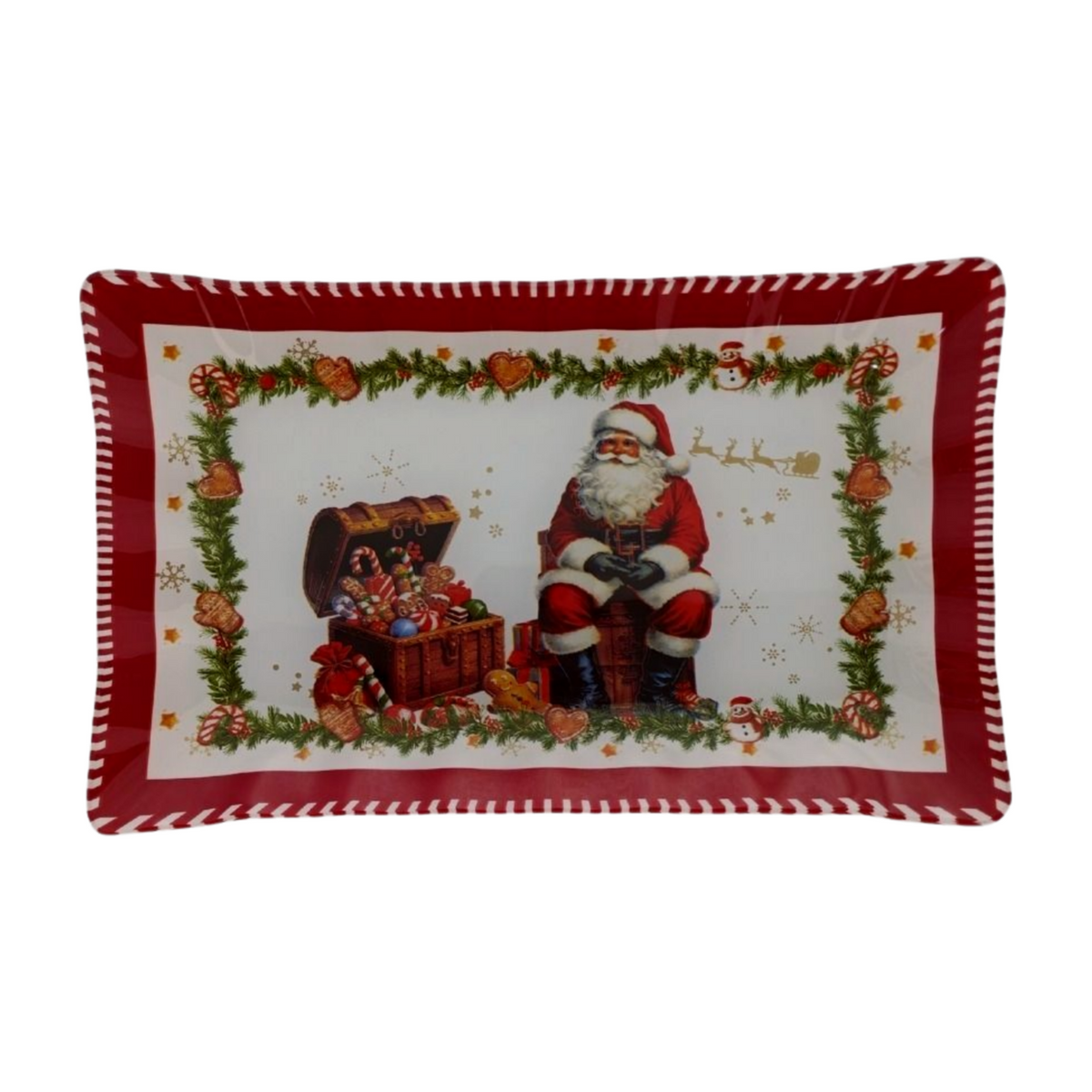 Rectangular Christmas plate featuring Santa sitting beside a chest of candy canes and ornaments with a red and white border