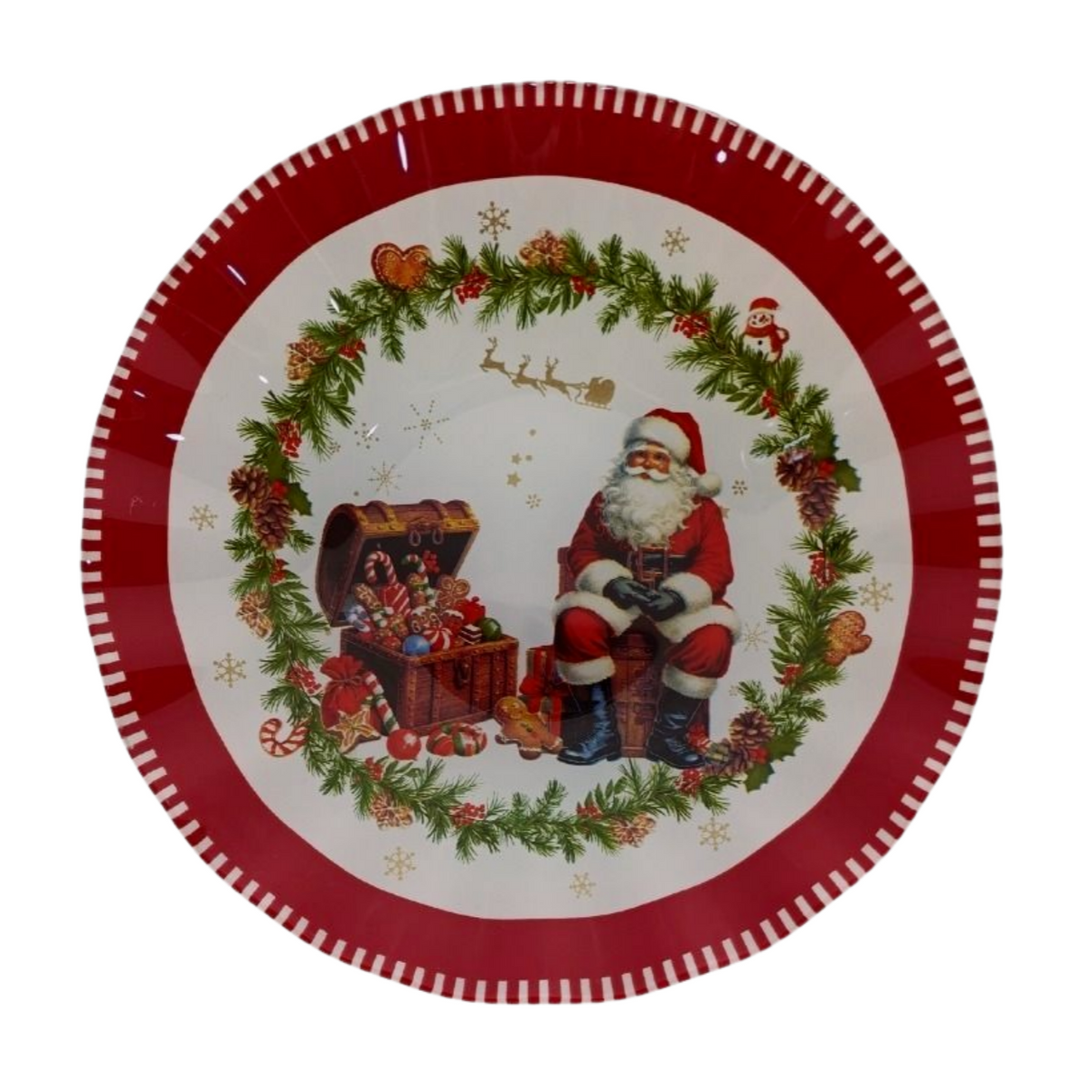 Round Christmas plate featuring Santa sitting beside a chest of candy canes and ornaments with a red and white border