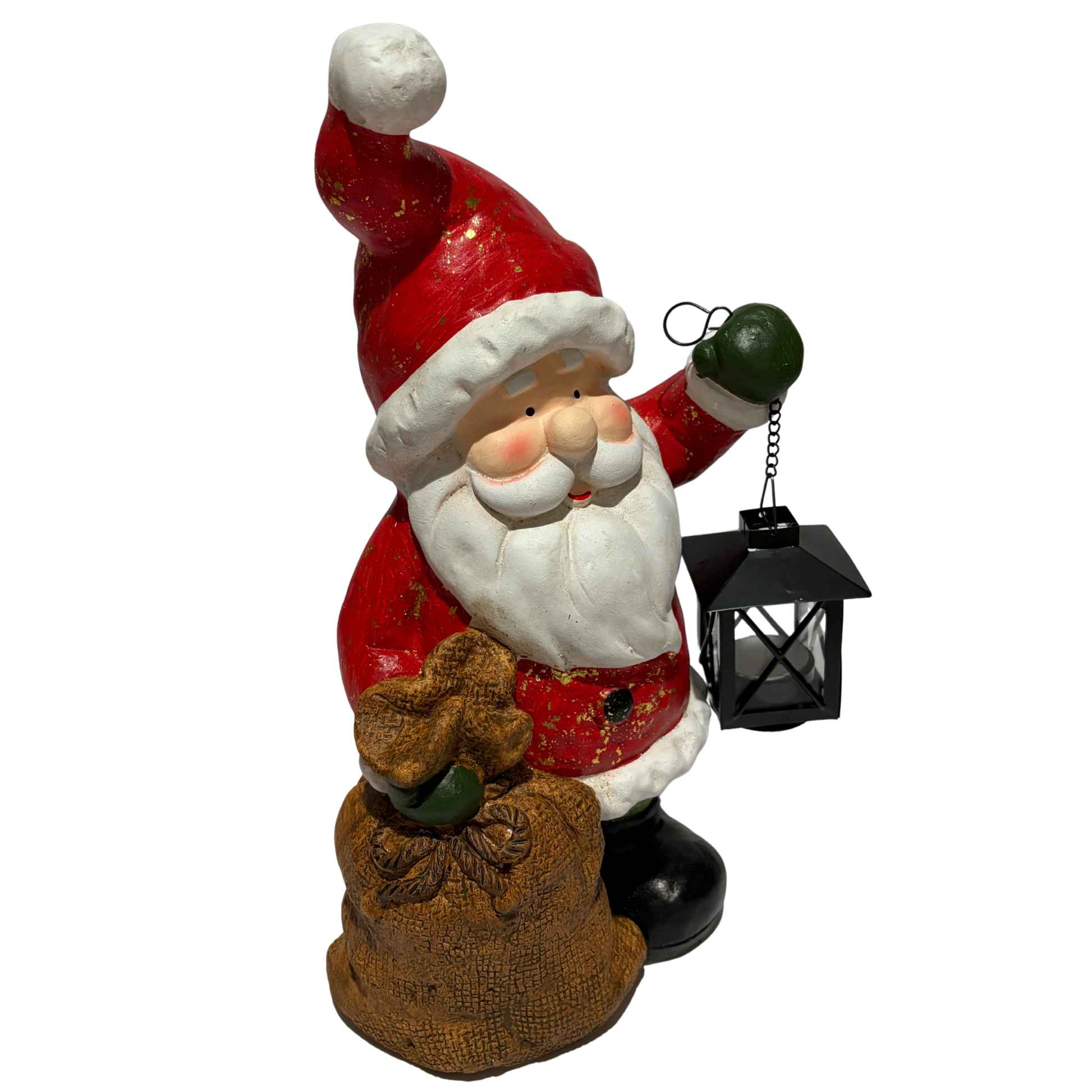 Santa Claus figurine holding a black lantern and a burlap sack, wearing a red suit and hat