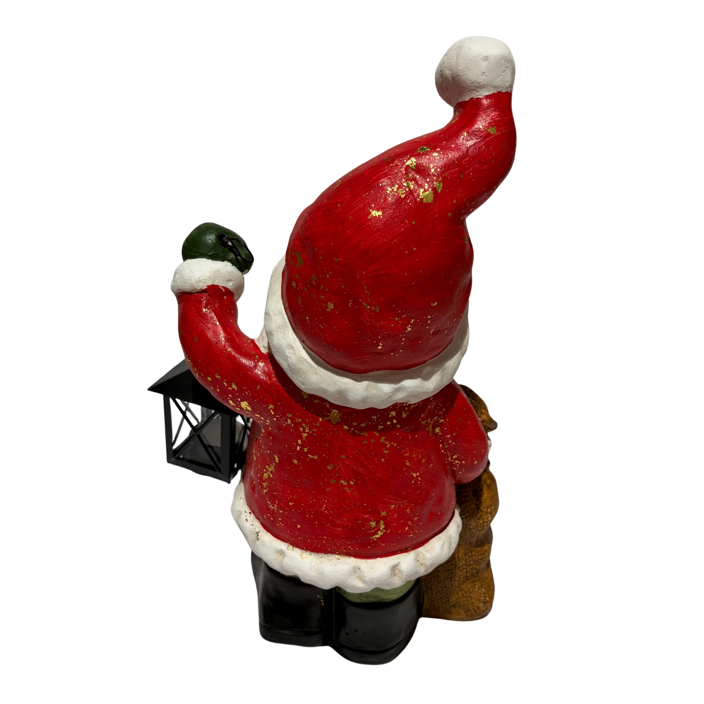 Santa Claus figurine holding a black lantern and a burlap sack, wearing a red suit and hat