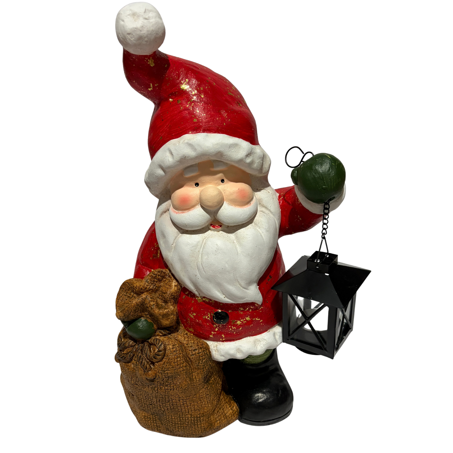 Santa Claus figurine holding a black lantern and a burlap sack, wearing a red suit and hat