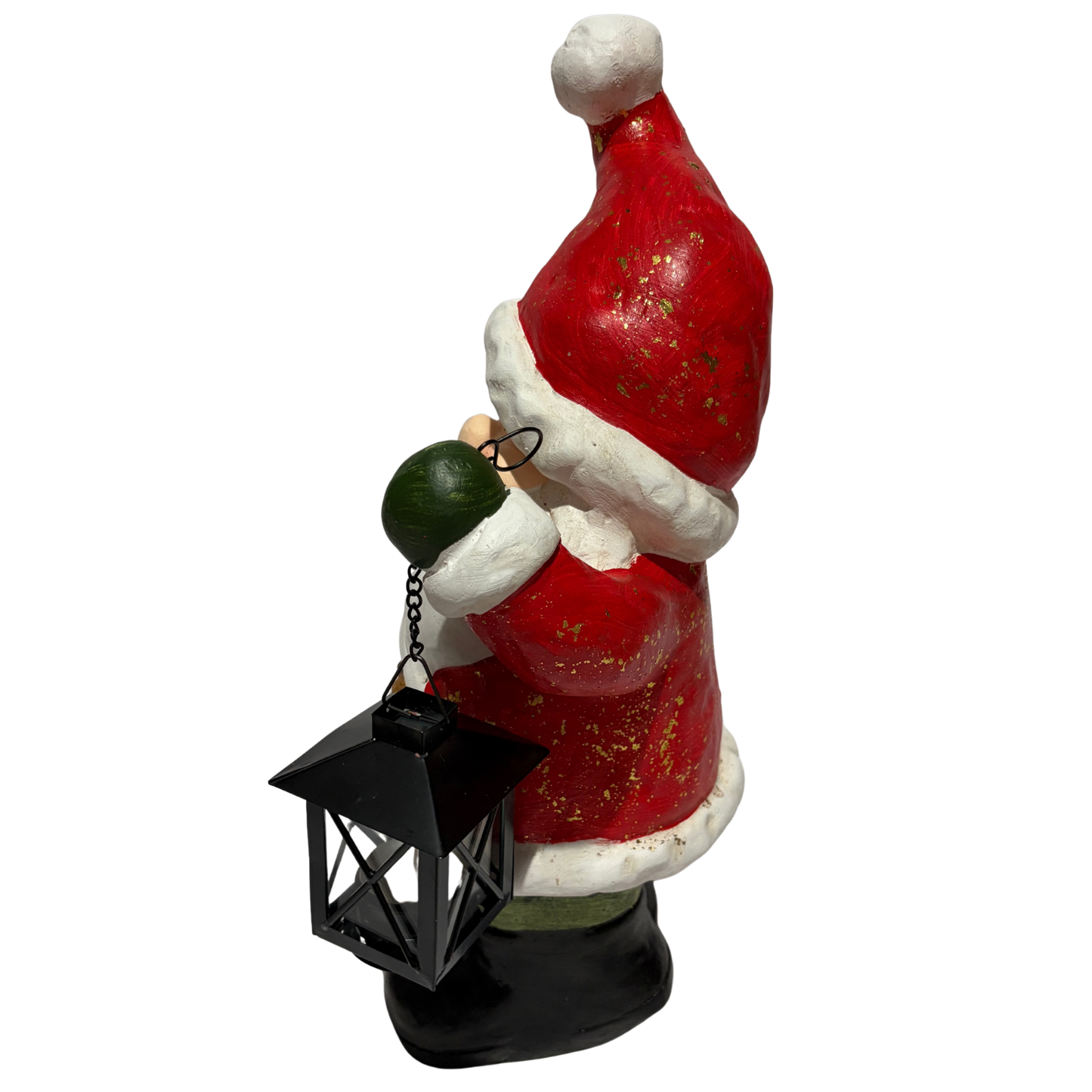 Santa Claus figurine holding a black lantern and a burlap sack, wearing a red suit and hat