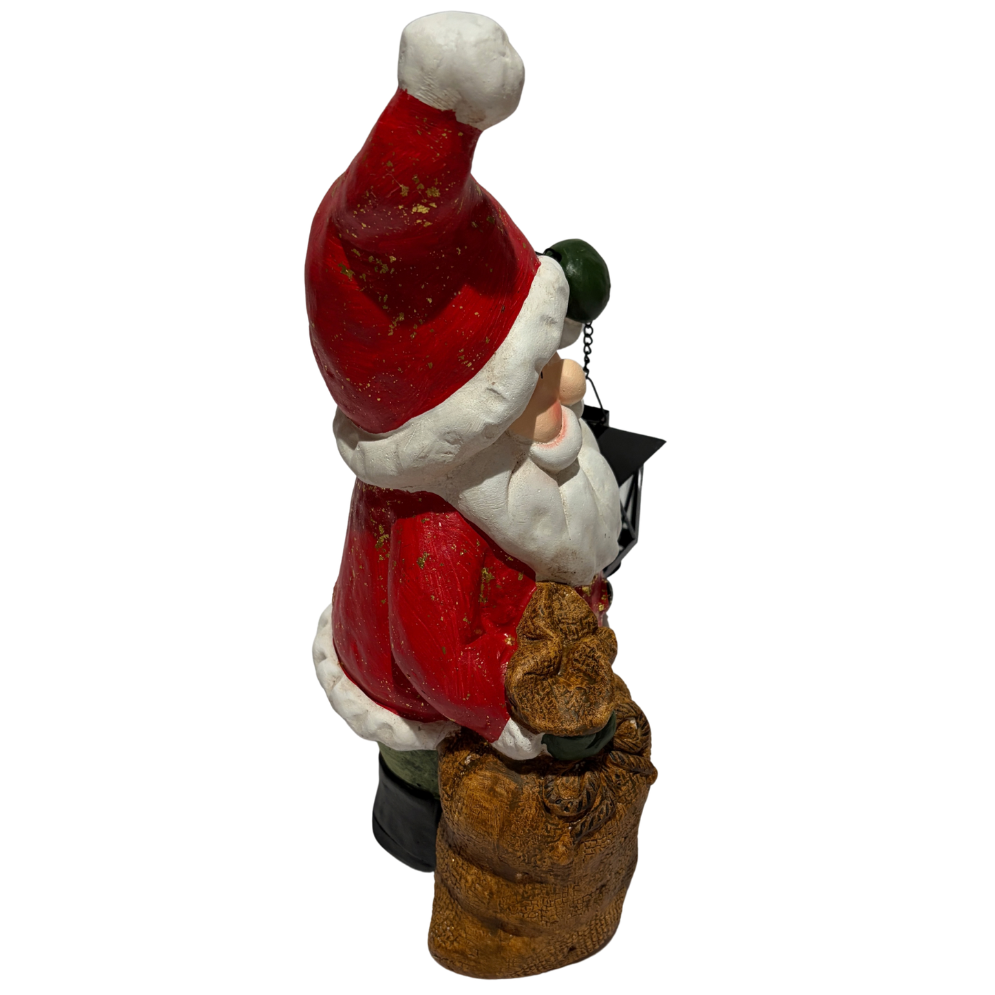 Santa Claus figurine holding a black lantern and a burlap sack, wearing a red suit and hat
