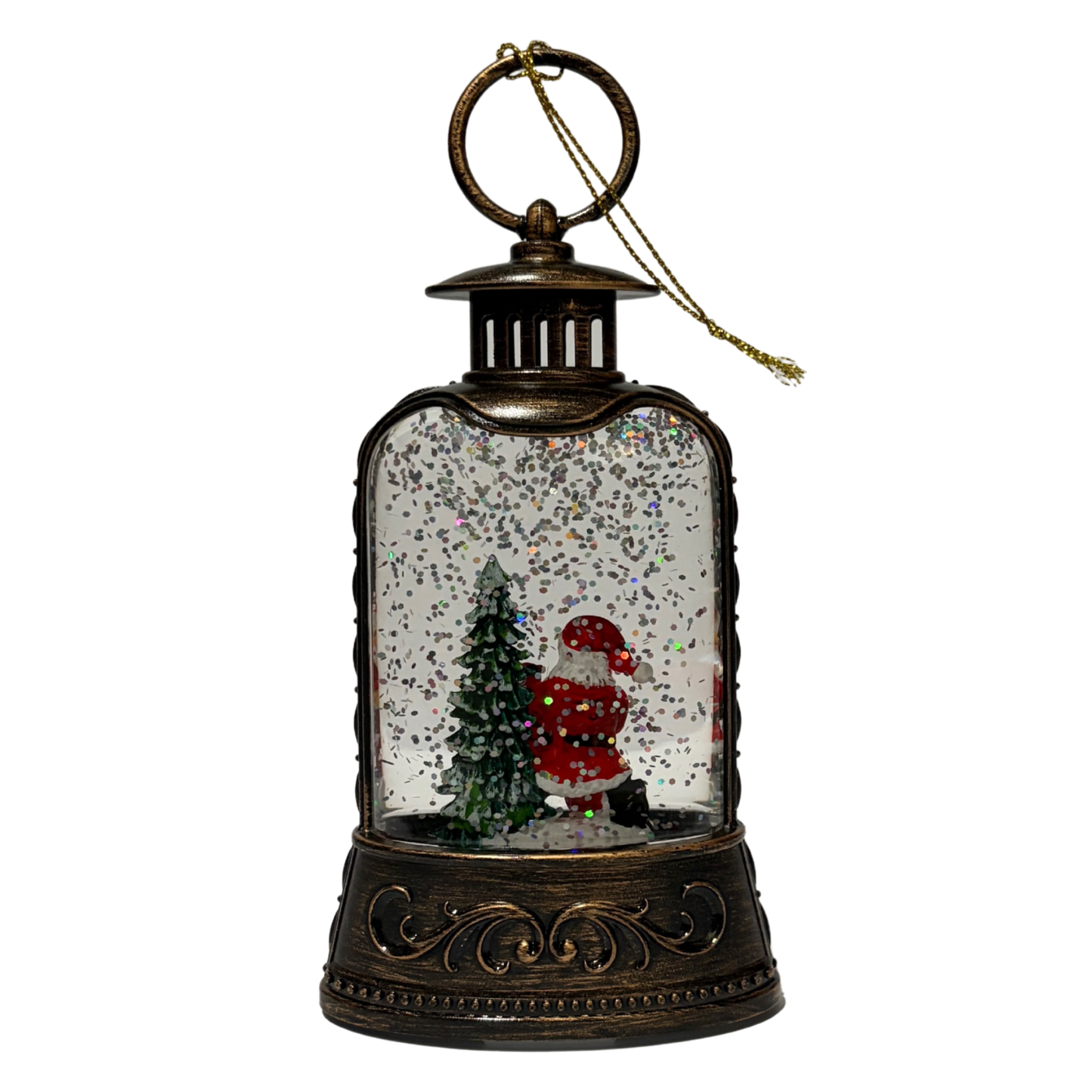 Mini lantern with Santa holding a present beside a Christmas tree and swirling glitter