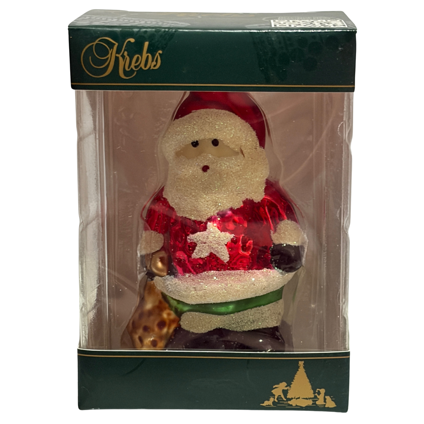 Decorative Santa Claus figure in a clear plastic sleeve with a green box, featuring the brand 'Krebs'.