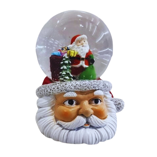 Santa face snow globe base with Santa and gift sack scene inside glass dome
