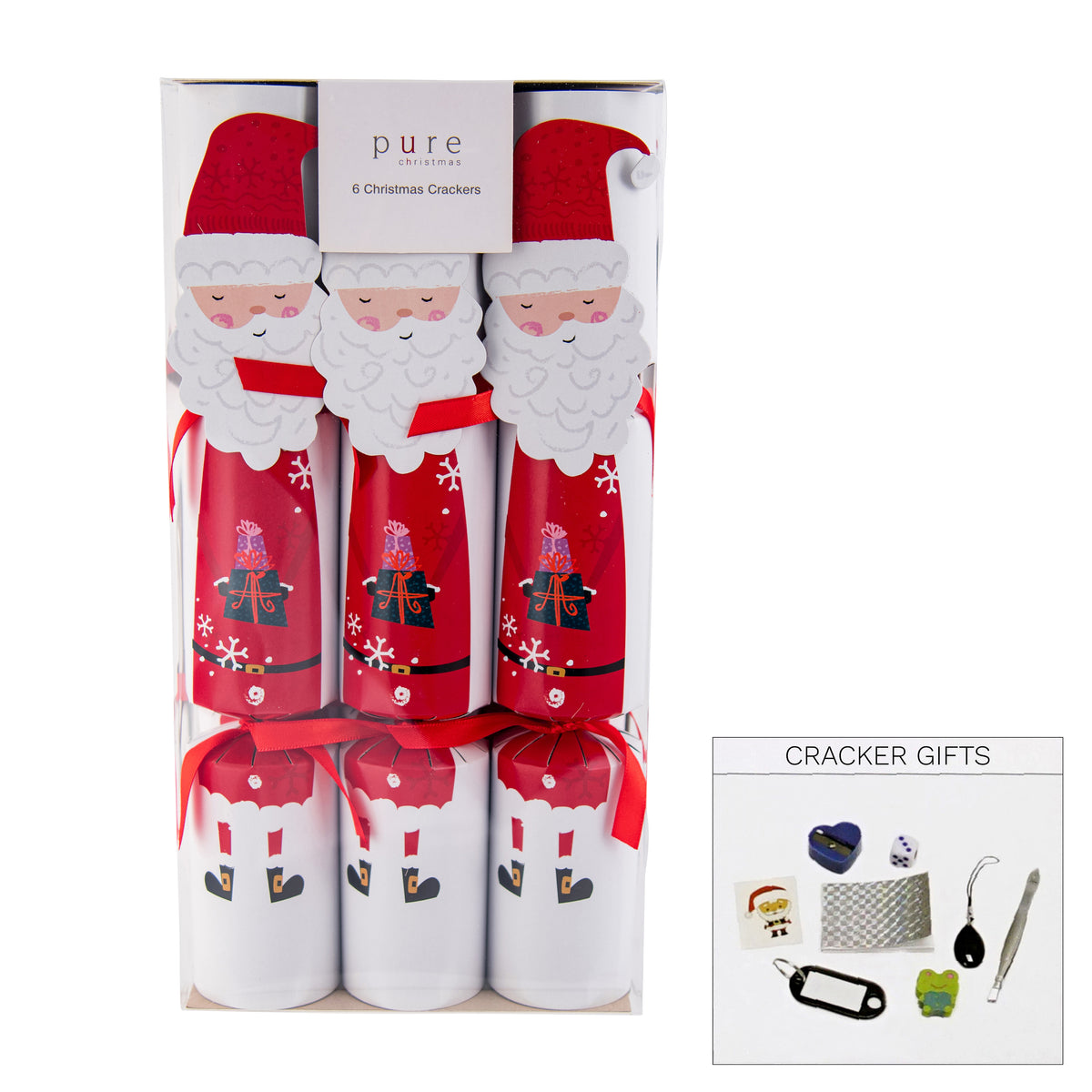 Box of six Santa figure Christmas crackers with glitter hat, white beard and red suit design, by Pure Christmas