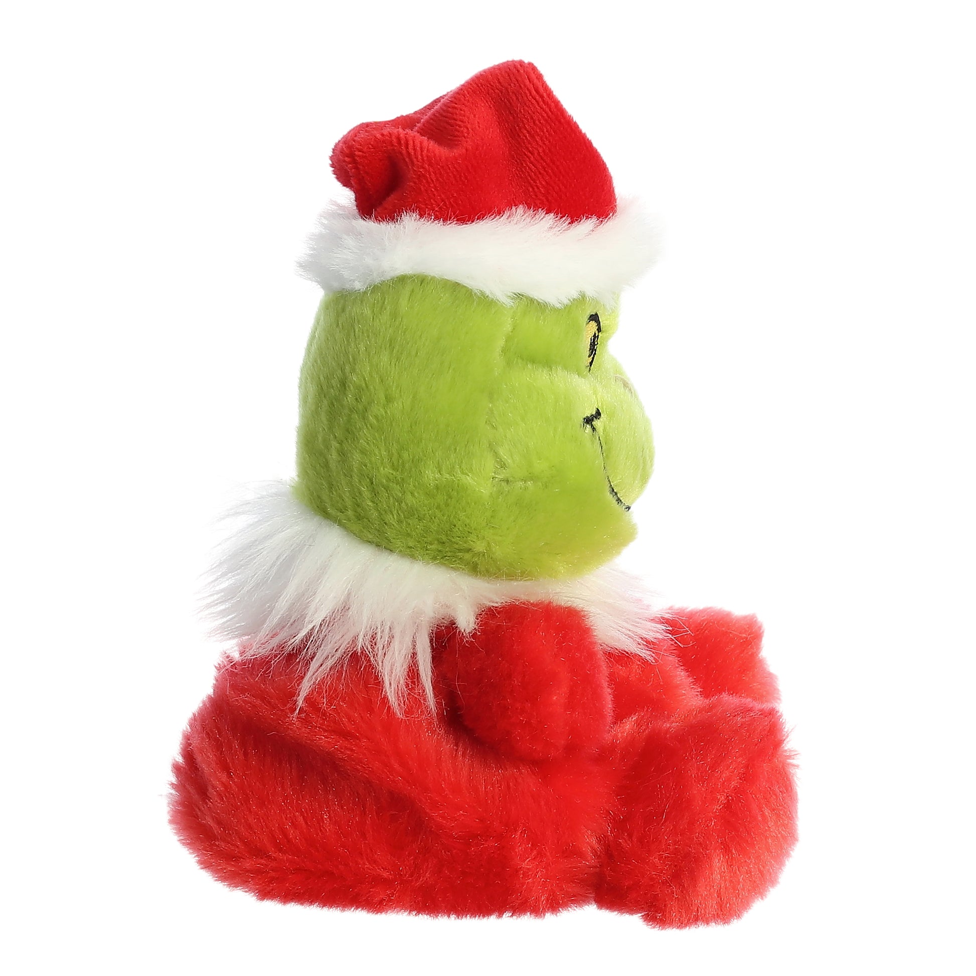 Plush Grinch toy with a red outfit and white fur on a white background