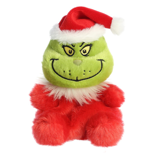 Mini green Grinch plush toy wearing a red Santa outfit and hat