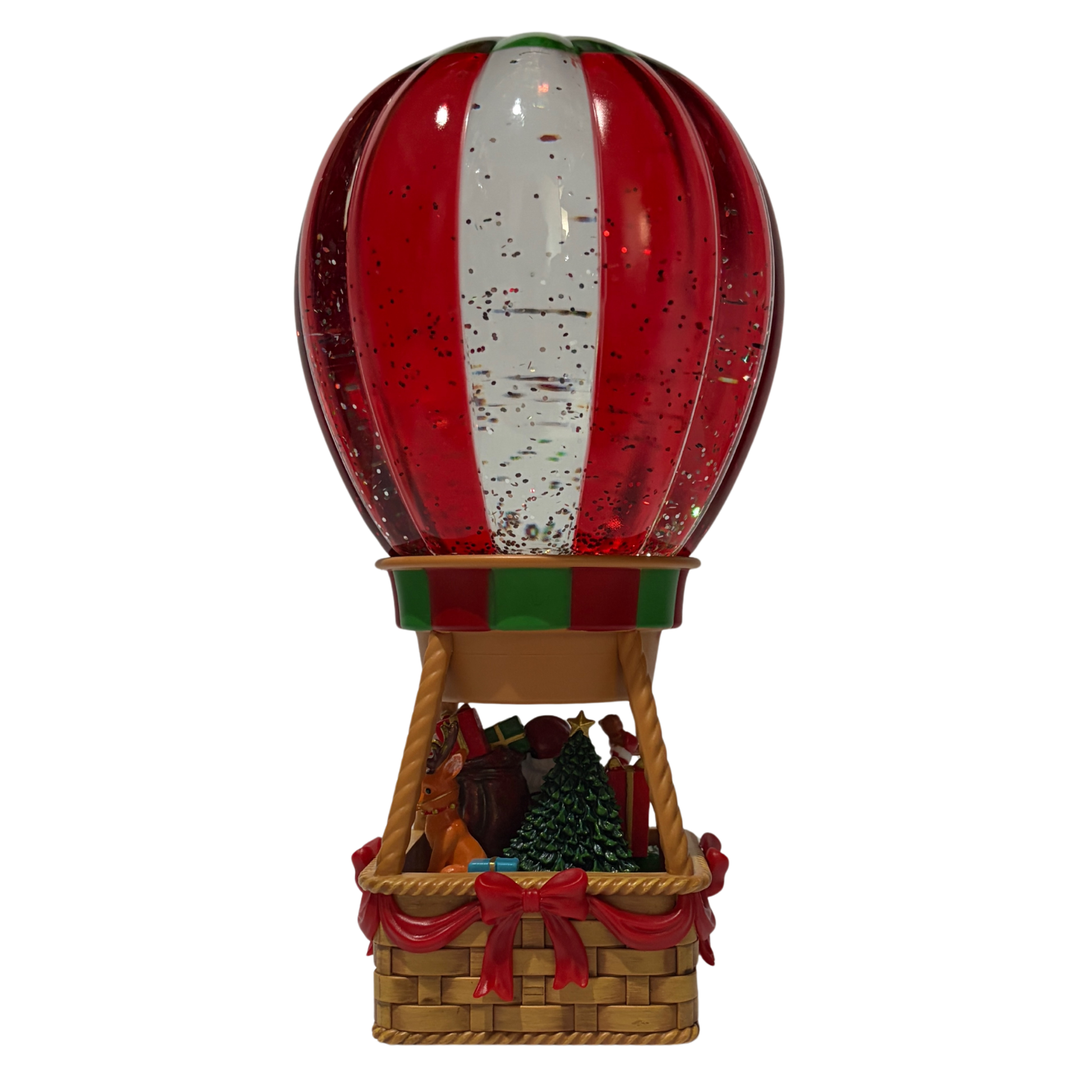 Light up Santa hot air balloon snow globe with red, green, and white balloon and glitter effect