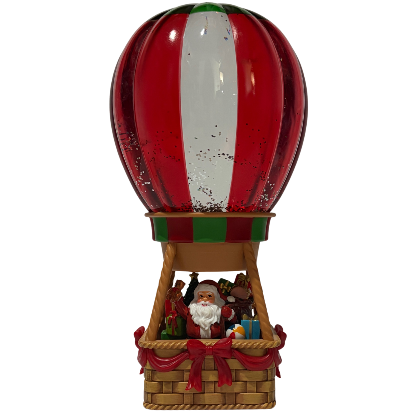 Light up Santa hot air balloon snow globe with red, green, and white balloon and glitter effect