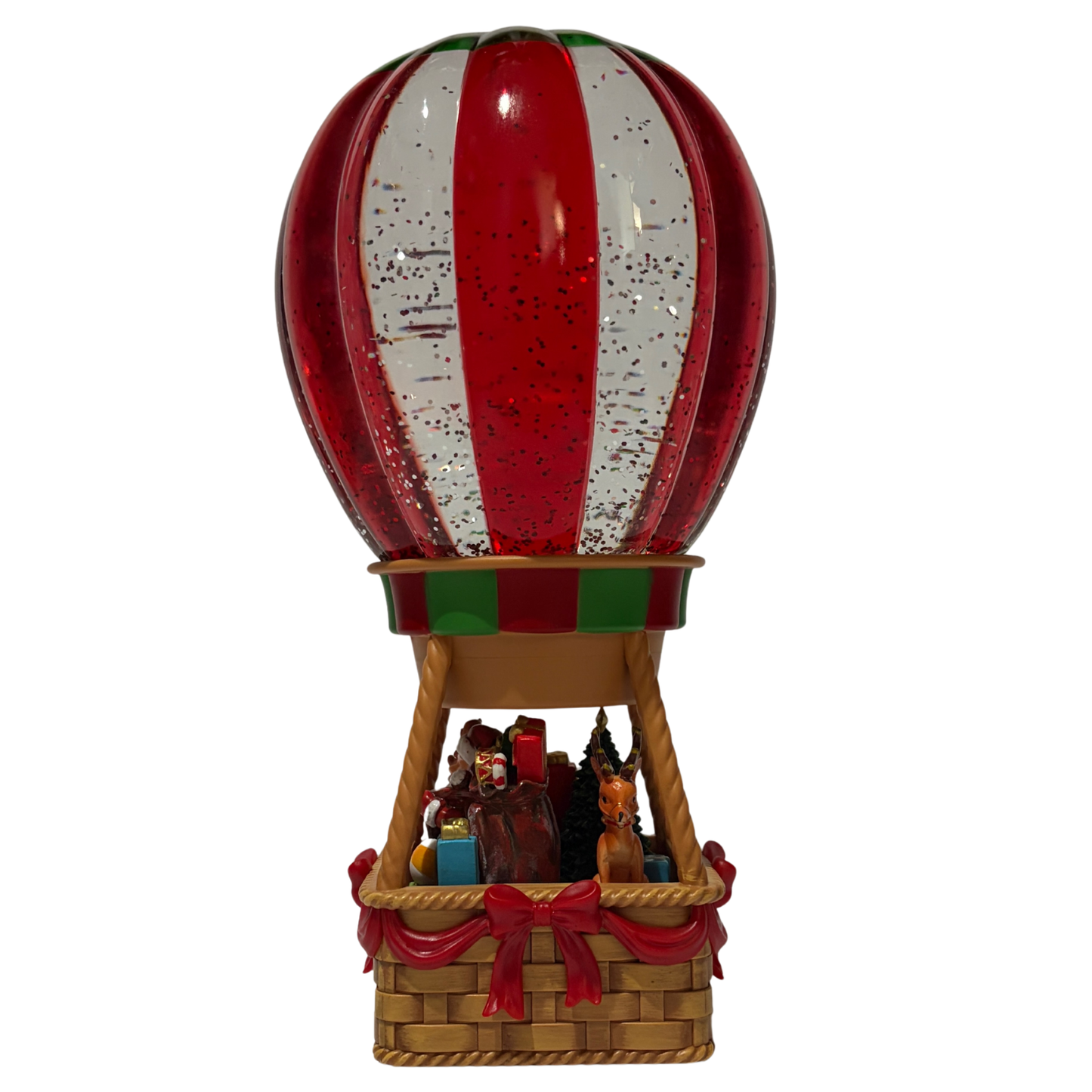 Light up Santa hot air balloon snow globe with red, green, and white balloon and glitter effect