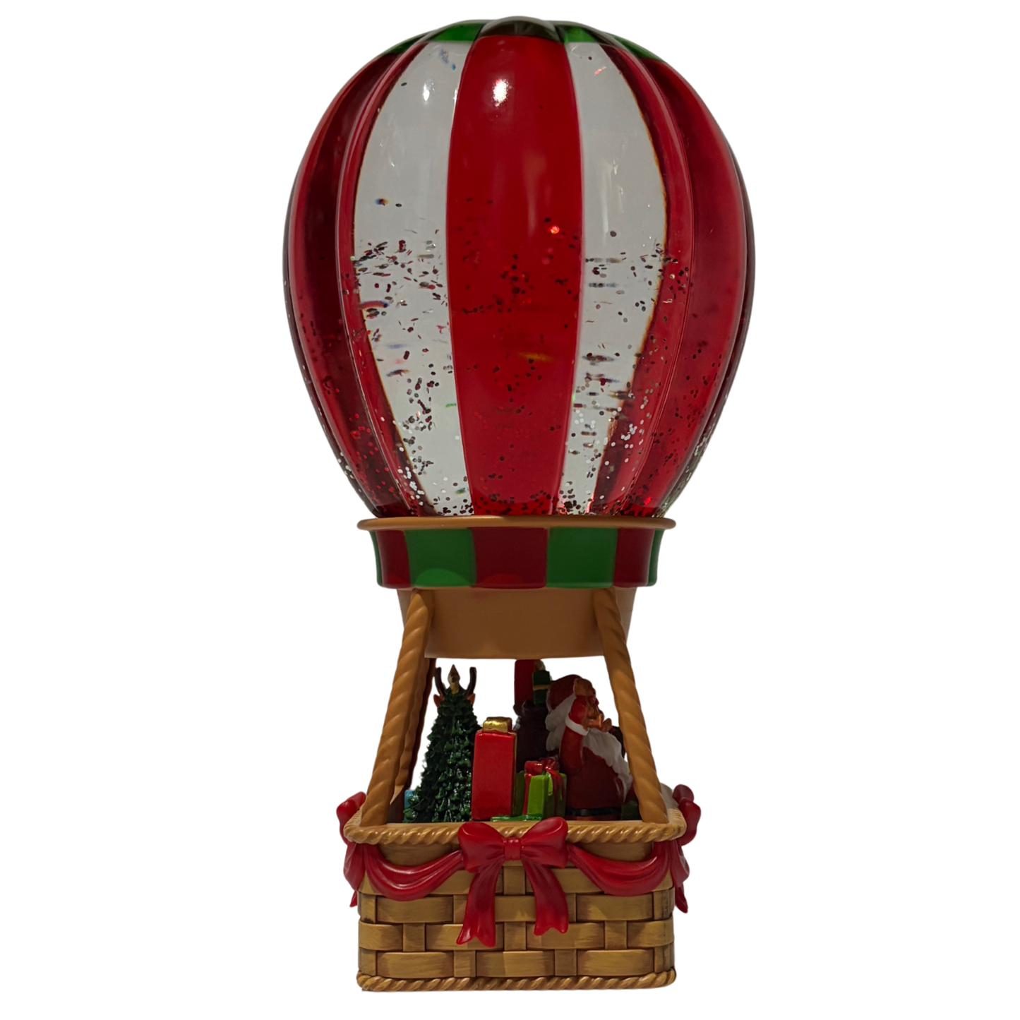 Light up Santa hot air balloon snow globe with red, green, and white balloon and glitter effect