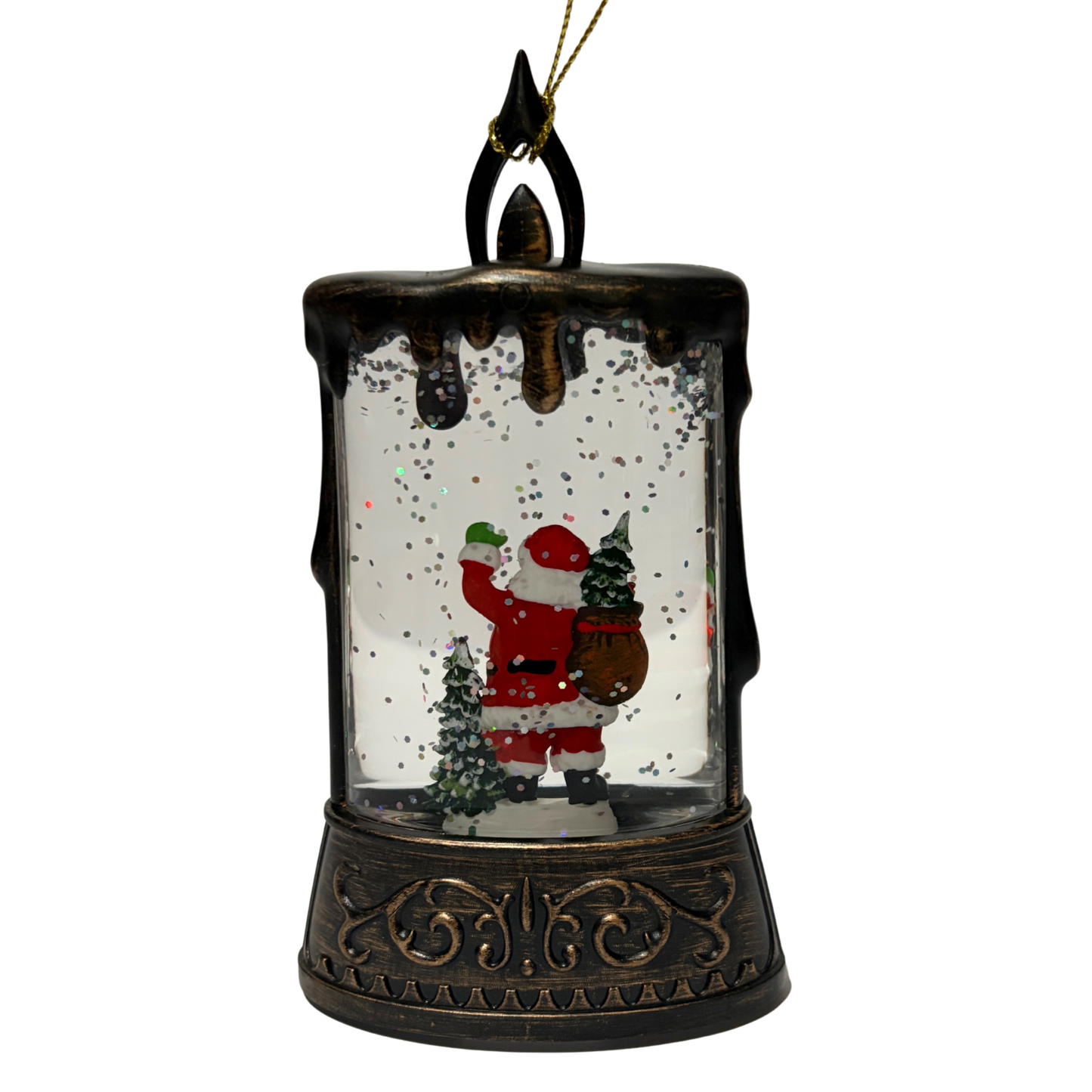 Mini candle-shaped lantern with Santa, Christmas trees, and swirling glitter