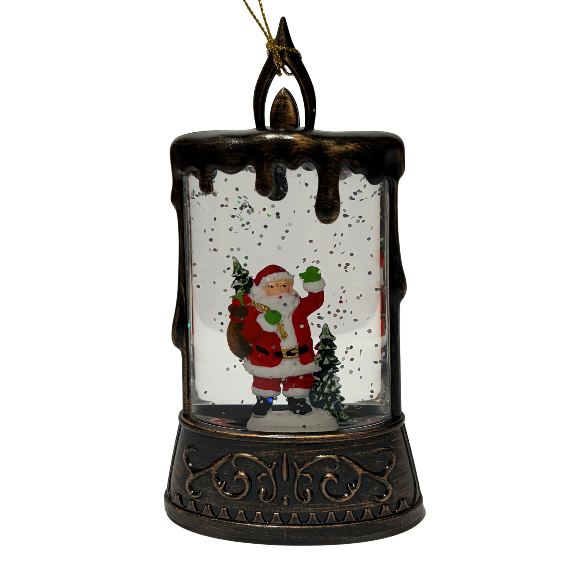 Mini candle-shaped lantern with Santa, Christmas trees, and swirling glitter
