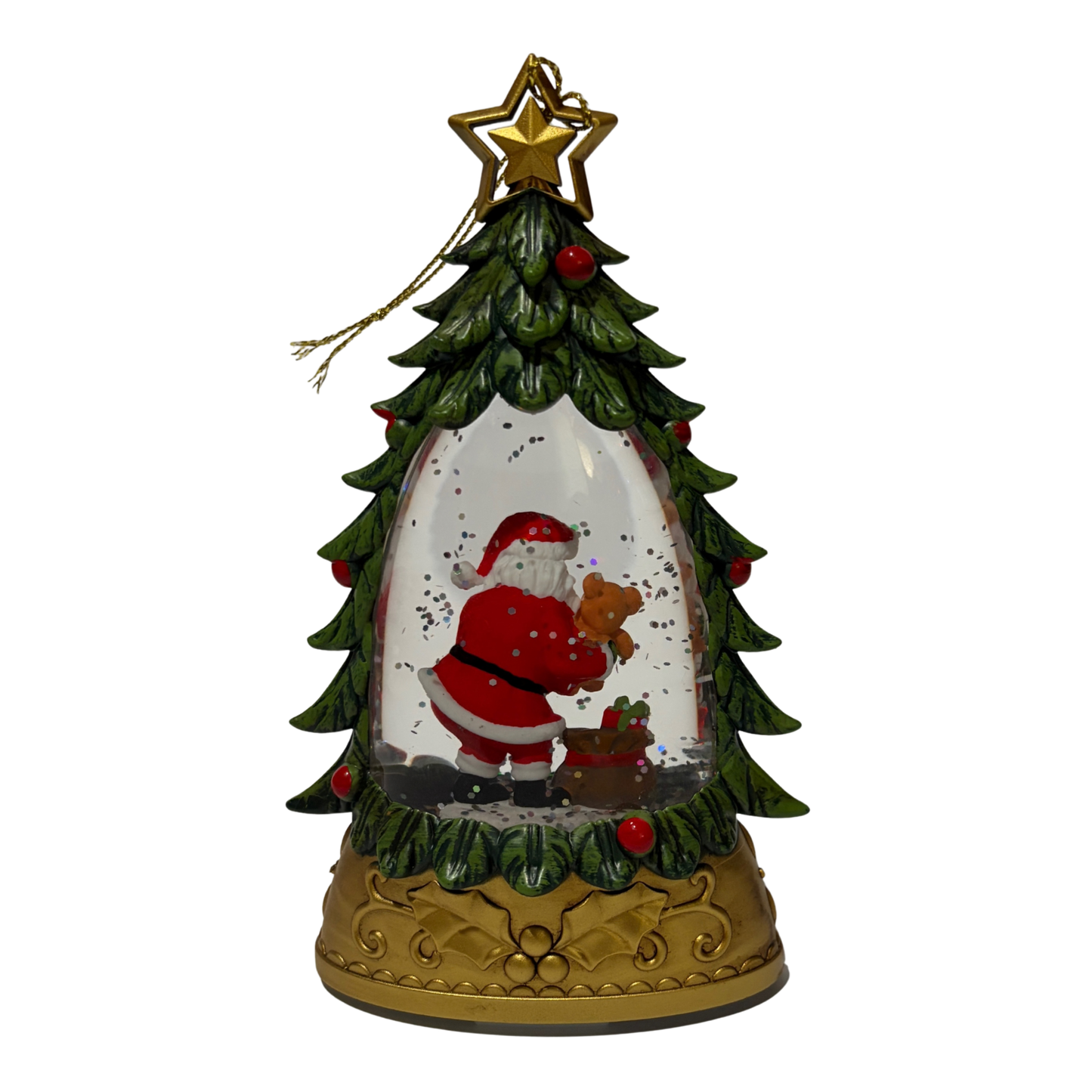Mini lantern shaped like a Christmas tree with Santa holding a teddy bear inside and swirling glitter