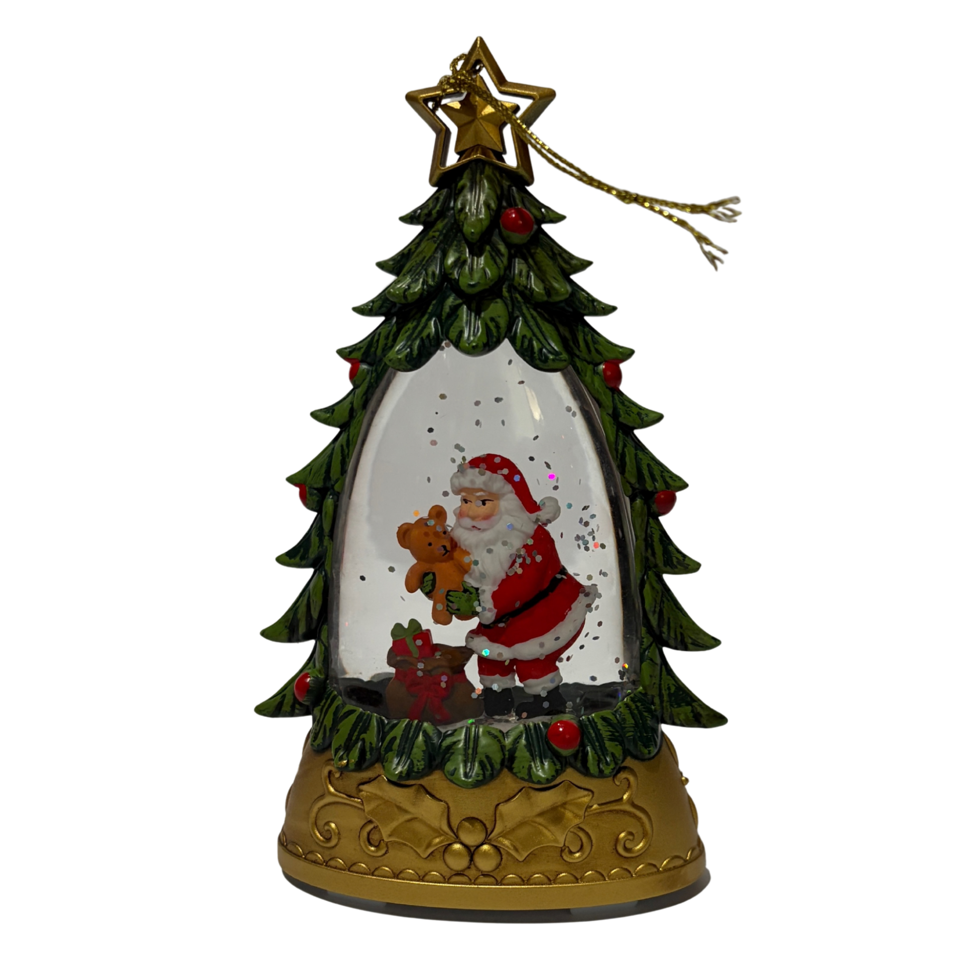 Mini lantern shaped like a Christmas tree with Santa holding a teddy bear inside and swirling glitter