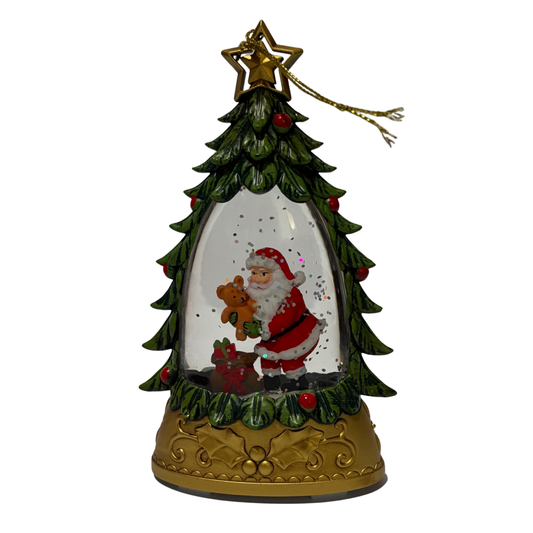 Mini lantern shaped like a Christmas tree with Santa holding a teddy bear inside and swirling glitter