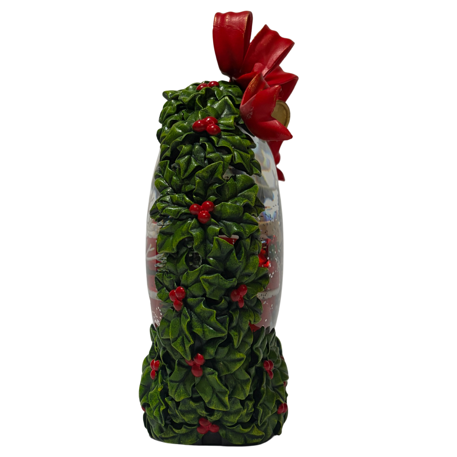 Santa in wreath snow globe decoration with holly leaves, red bow, and woodland scene snow globe.