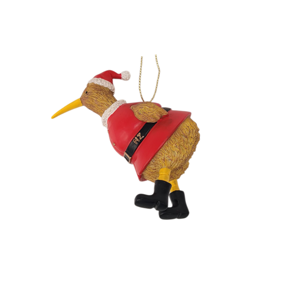 Kiwi bird in a red Santa suit and hat with NZ belt buckle hanging Christmas ornament