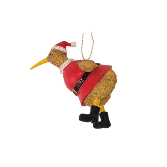 Kiwi bird in a red Santa suit and hat with NZ belt buckle hanging Christmas ornament