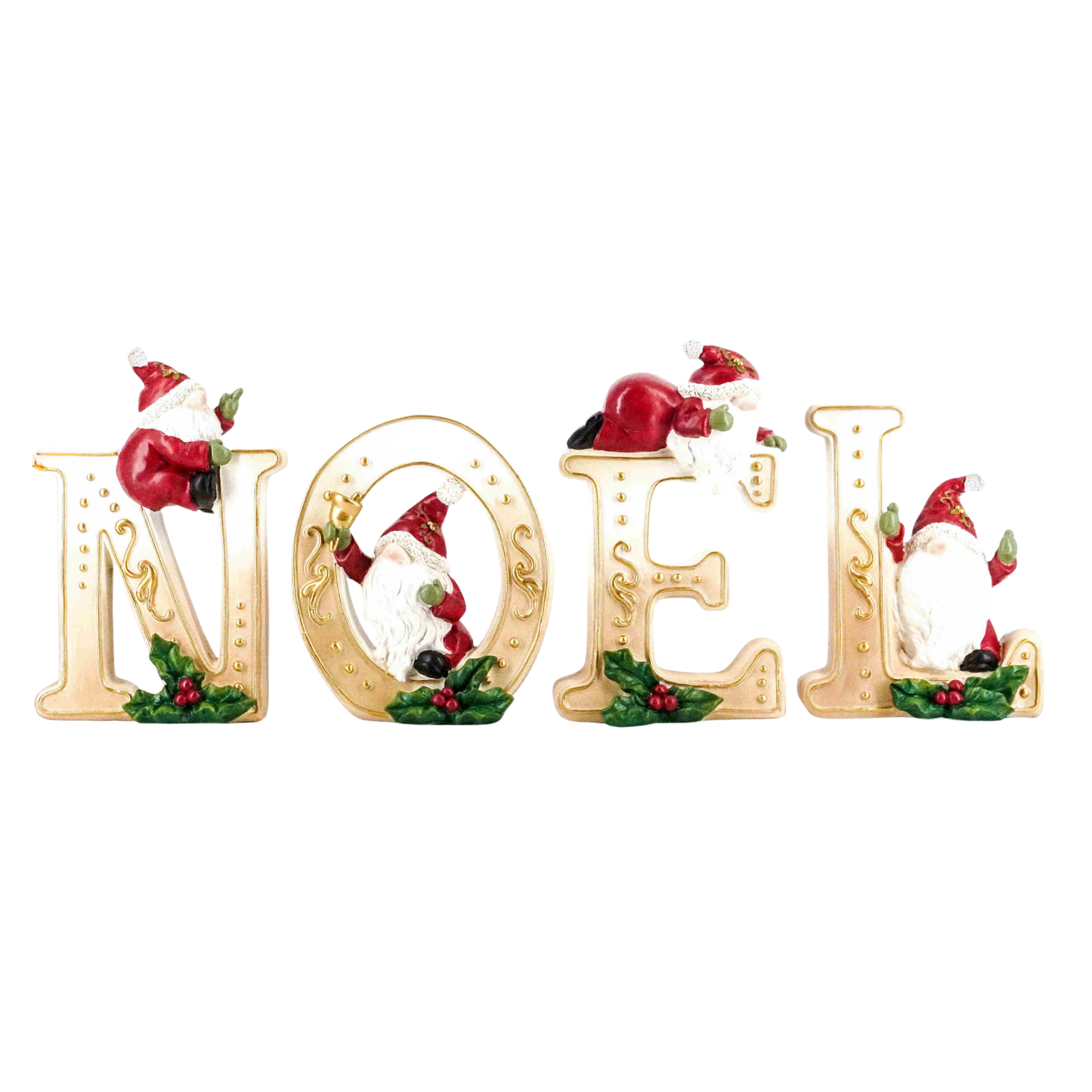 Set of four cream and gold NOEL letter decorations each featuring a Santa figure with holly and berry detail