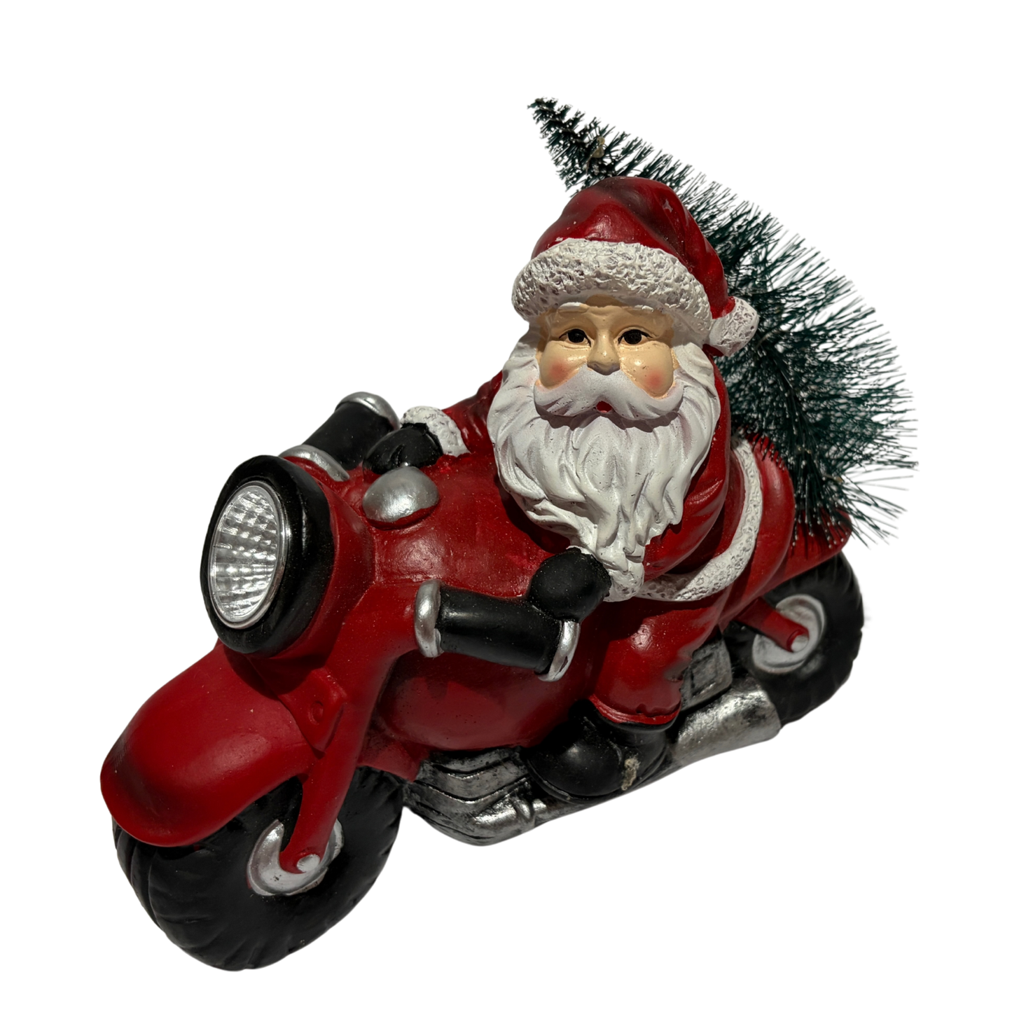 Santa Claus riding a red motorcycle with a Christmas tree on the back, featuring LED lights