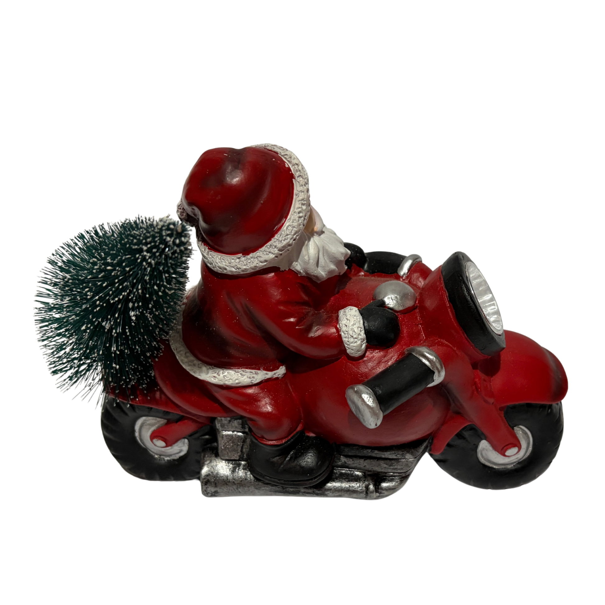 Santa Claus riding a red motorcycle with a Christmas tree on the back, featuring LED lights