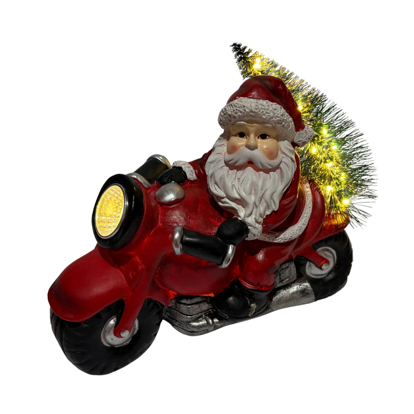 Santa Claus riding a red motorcycle with a Christmas tree on the back, featuring LED lights