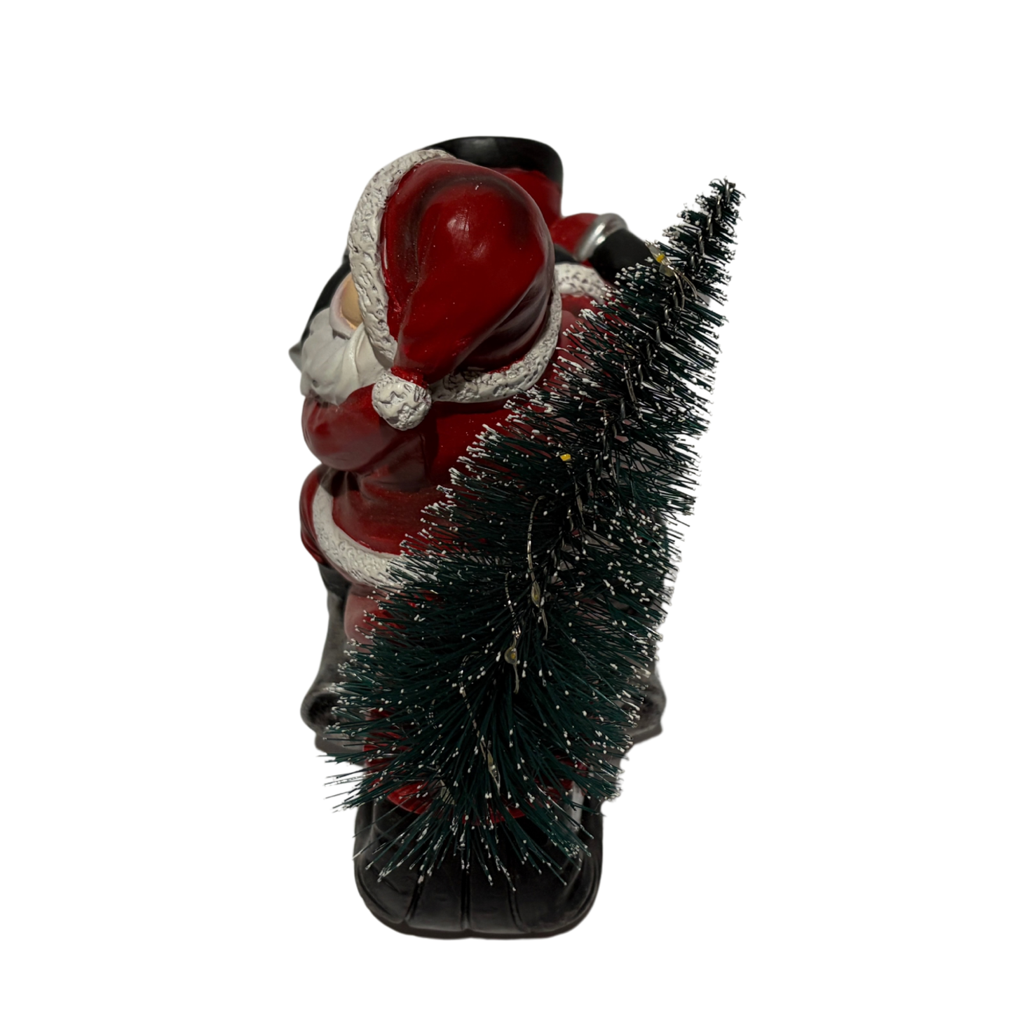 Santa Claus riding a red motorcycle with a Christmas tree on the back, featuring LED lights